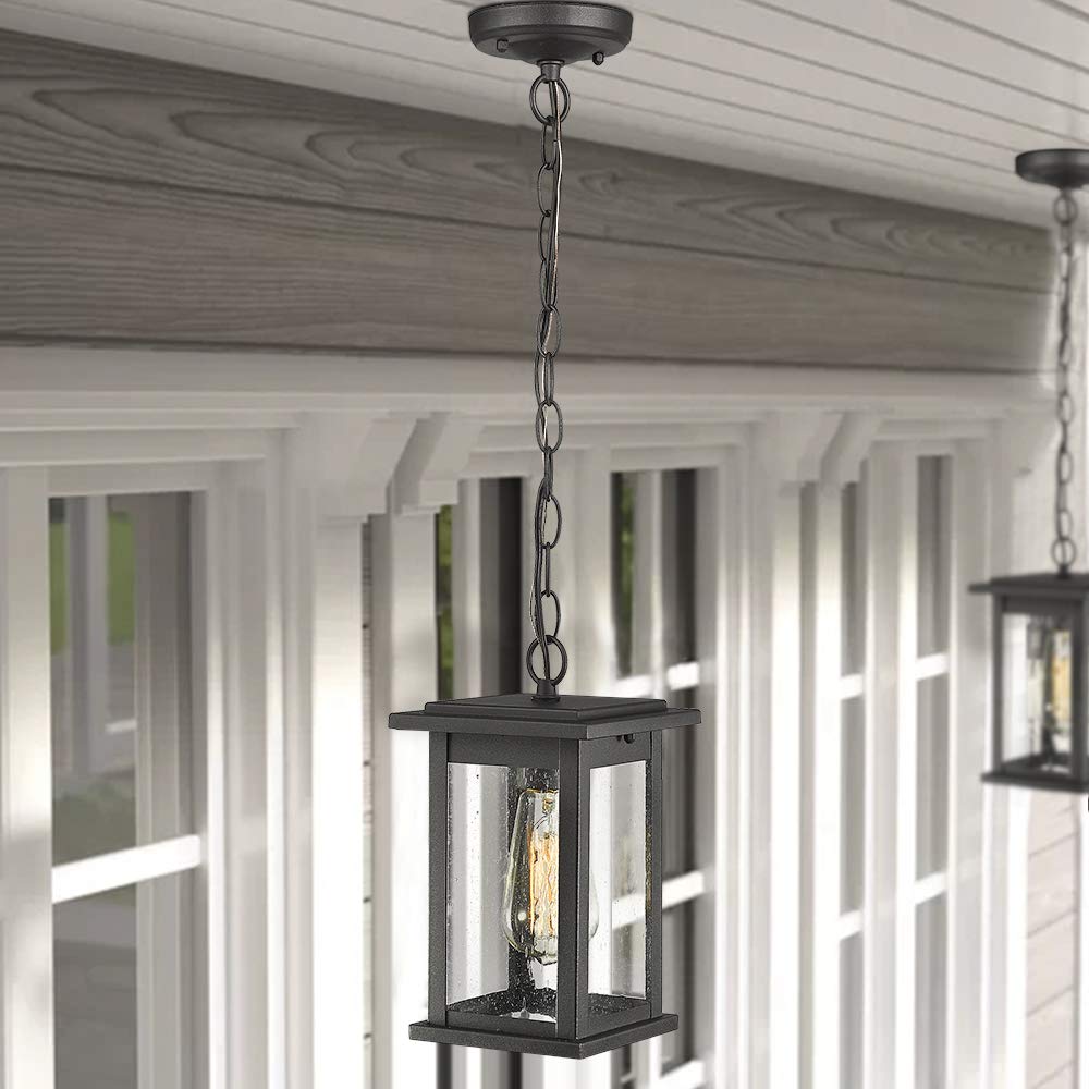 Rynx | Emliviar 1-light outdoor pendant lamp, black finish with diffused glass, medium hanging fixture