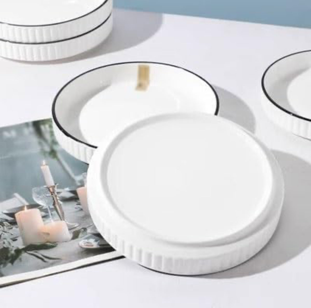 Rynx | Dining Plate Plate Household Ceramic Vertical Pattern Chinese Dining Plate Set Creative Personalized Deep Soup Plate Microwave Safe Salad Plates Set of 6