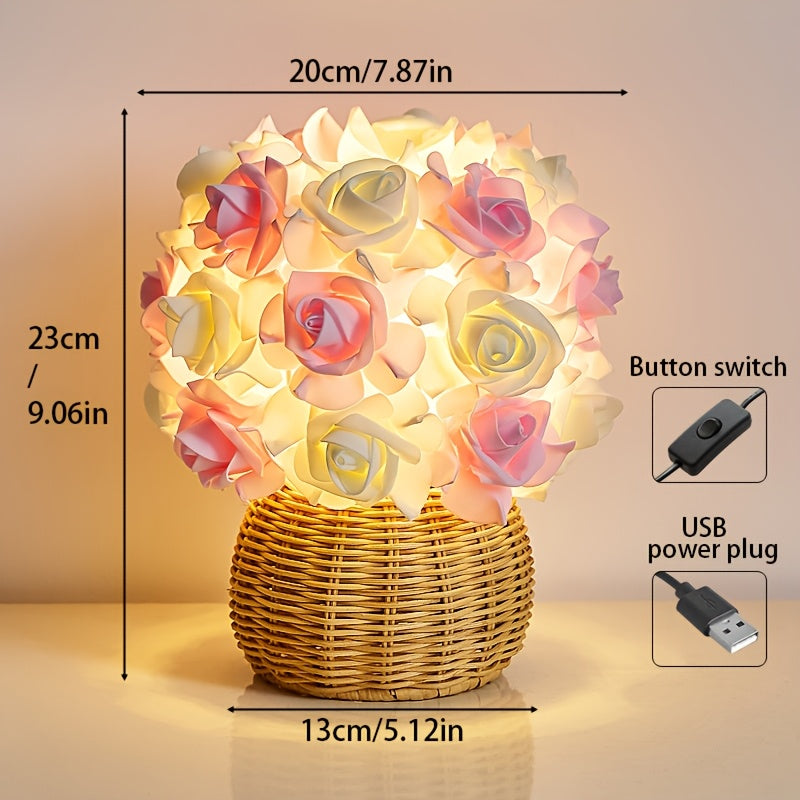 Rynx | FloraGlow - Art Deco USB Rose Table Lamp with Polished Base and Light Bulb