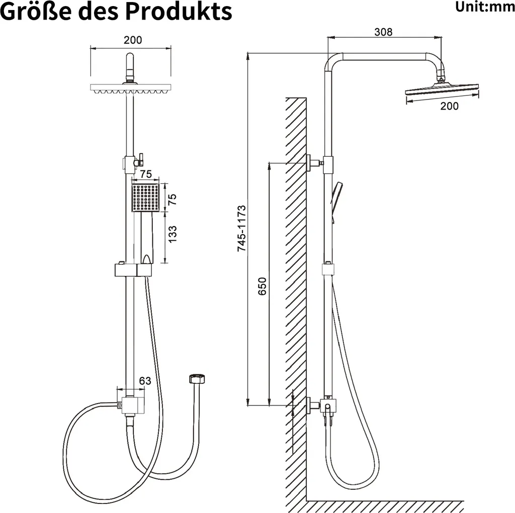 Rynx | Shower system Black Rain shower Shower set without faucet with overhead shower Hand shower Shower column Shower system with diverter angular Shower column for bathroom, black