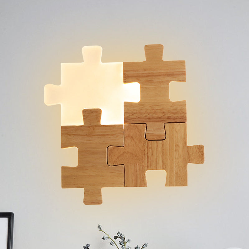 Rynx | Beige Jigsaw Puzzle Wall Recessed Light Nordic LED Wood Wall Mount Lamp in White/Warm Light