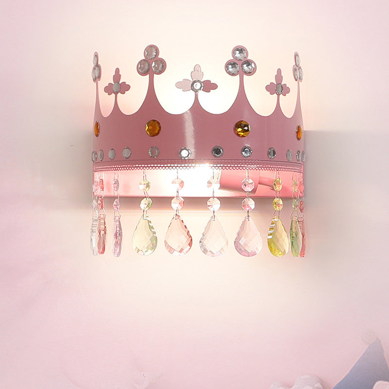 Rynx | Crown Wall Light Cartoon Iron LED Pink/Silver Wall Mount Light with Crystal Drop Decor