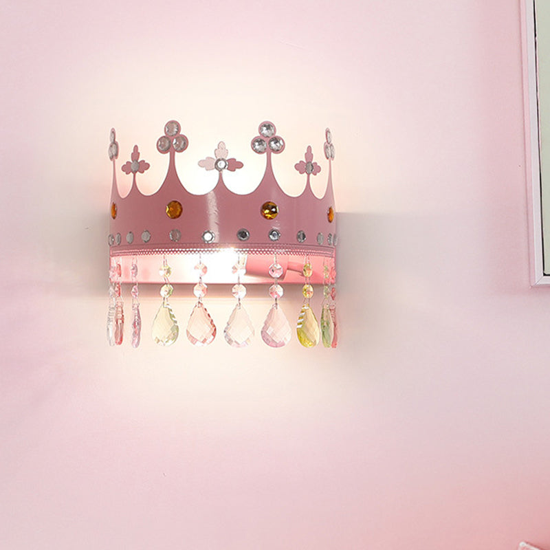 Rynx | Crown Wall Light Cartoon Iron LED Pink/Silver Wall Mount Light with Crystal Drop Decor