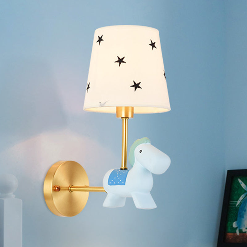 Rynx | Blue/Pink Trojan Horse Wall Lamp Kids 1 Head Resin LED Wall Lamp with Barrels Star/Dot Fabric Shade