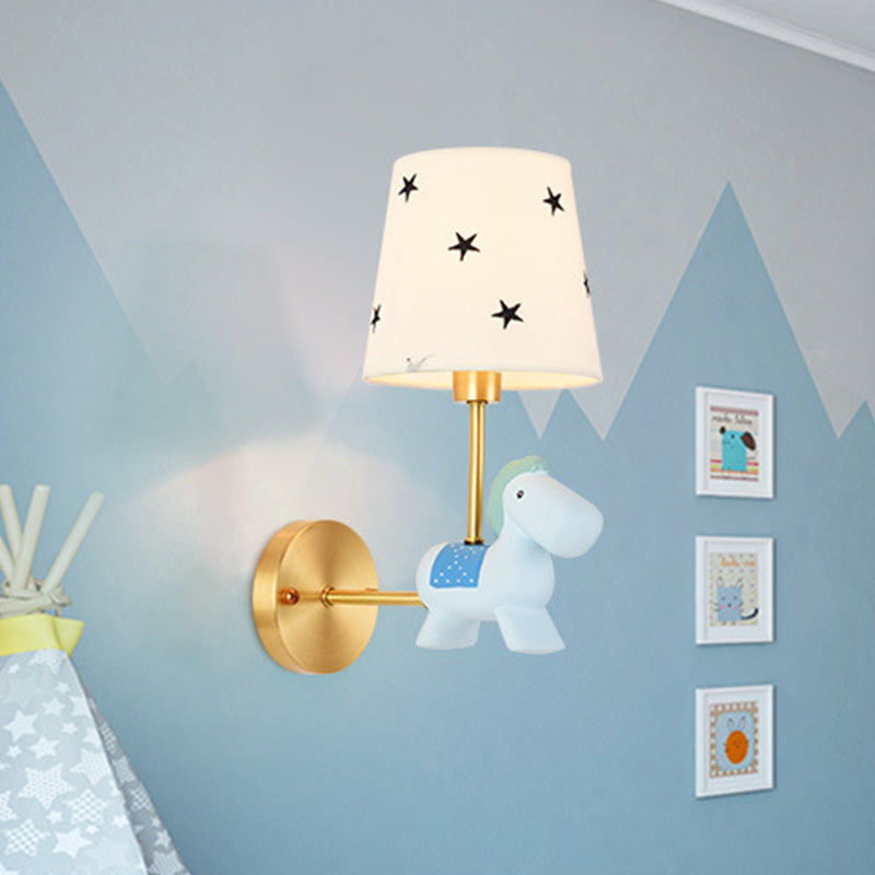 Rynx | Blue/Pink Trojan Horse Wall Lamp Kids 1 Head Resin LED Wall Lamp with Barrels Star/Dot Fabric Shade