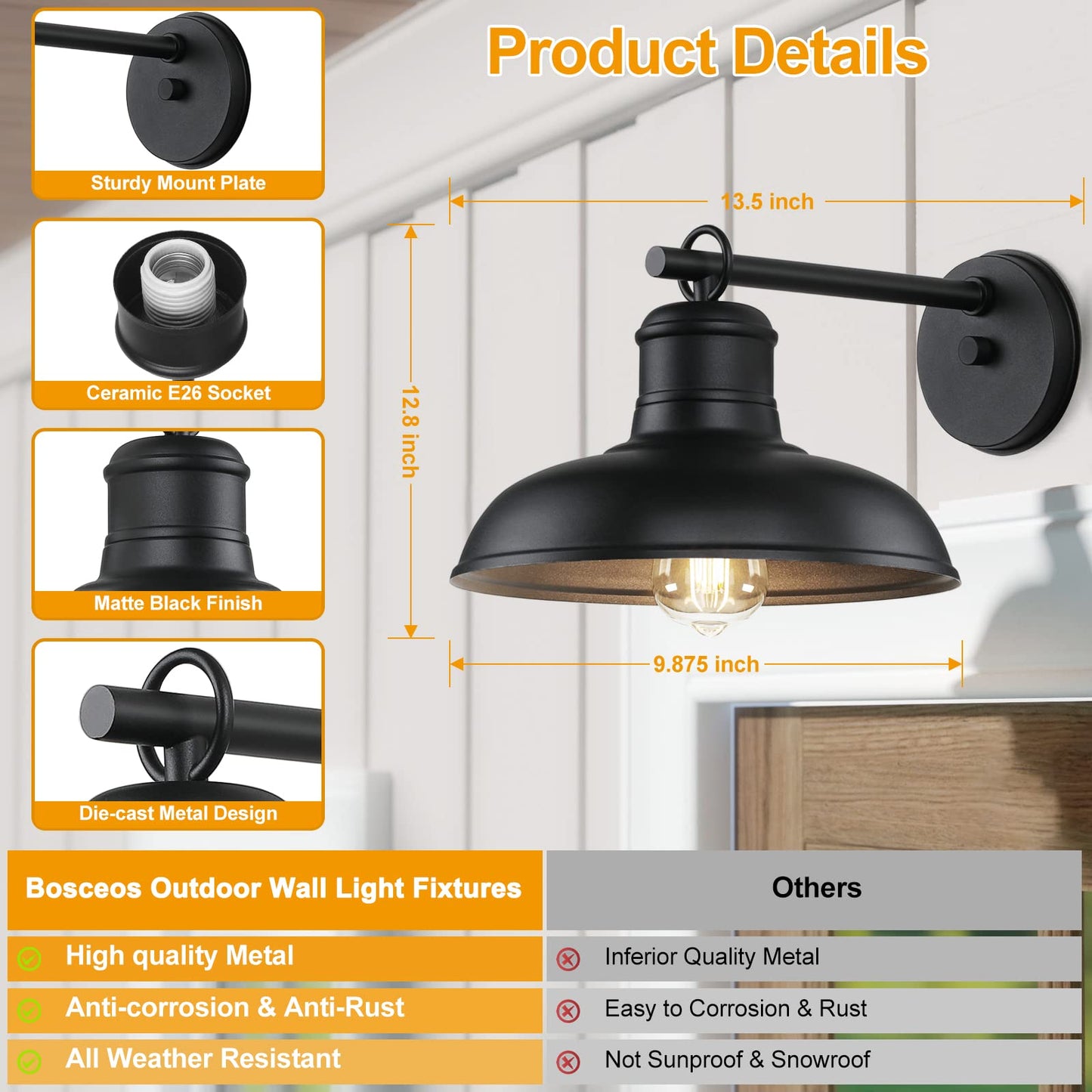 Rynx | Bosceos outdoor wall lamps - 2-pack black courtyard lamps, waterproof metal lanterns