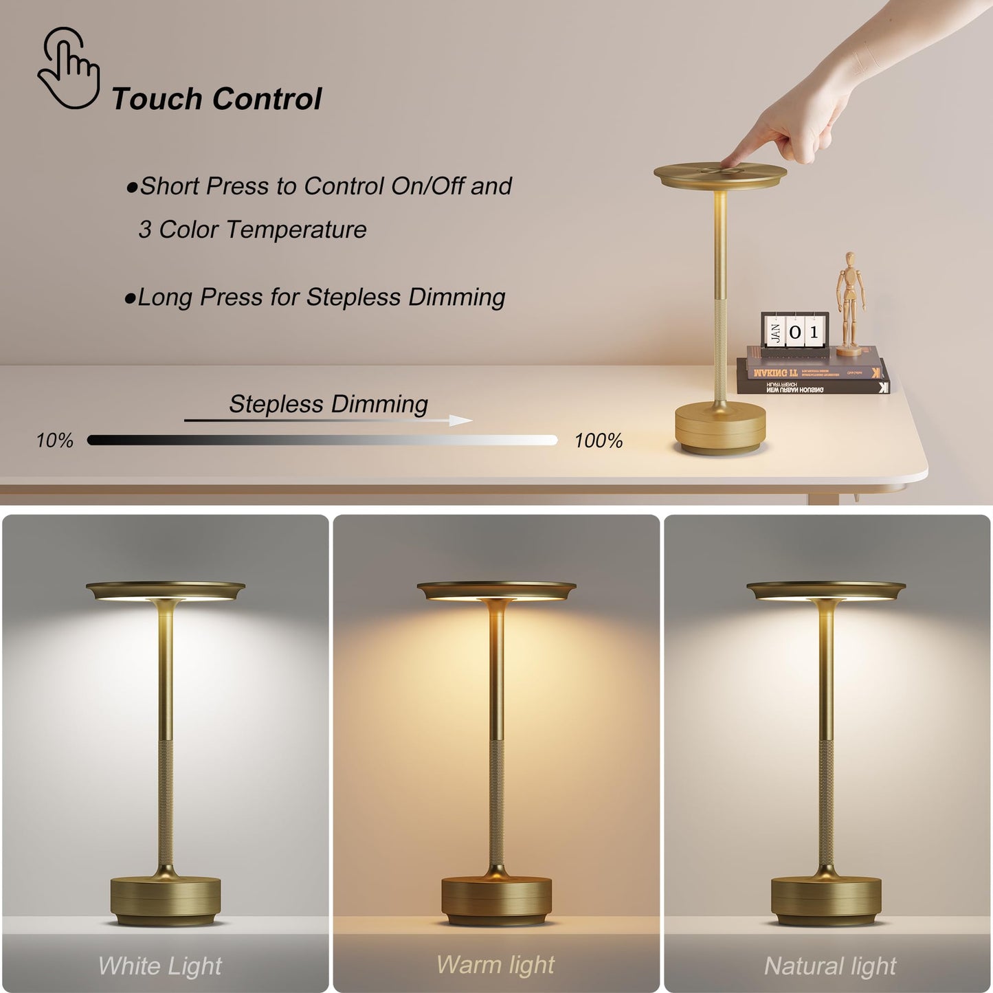 Rynx | Tbbga Gold Rechargeable Wireless Table Lamps - 5000Mah, 3 Color Dimming LED Light For Outdoor/Pat