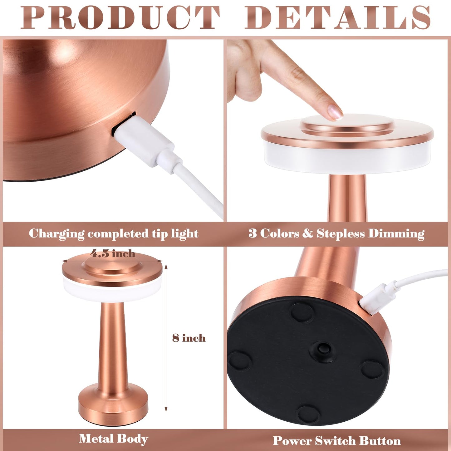 Rynx | Vihose Wireless LED Table Lamp Set of 8 - Touch Sensor, 3 Color Dimming, Rechargeable, Rose Gold