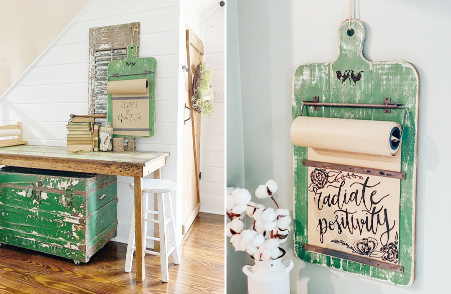 Rynx | Weathered green cutting board hanging note roll