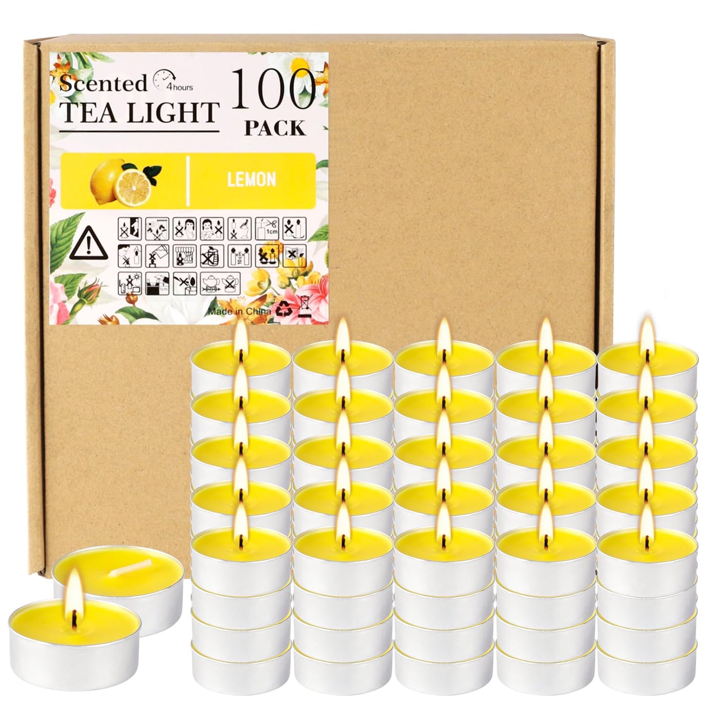 Rynx | 100 Pack Scented Tealight Candles 4 Hours, Lemon Aromatherapy Candles For Votive Home, Wedding Holiday And Emergency (Yellow)