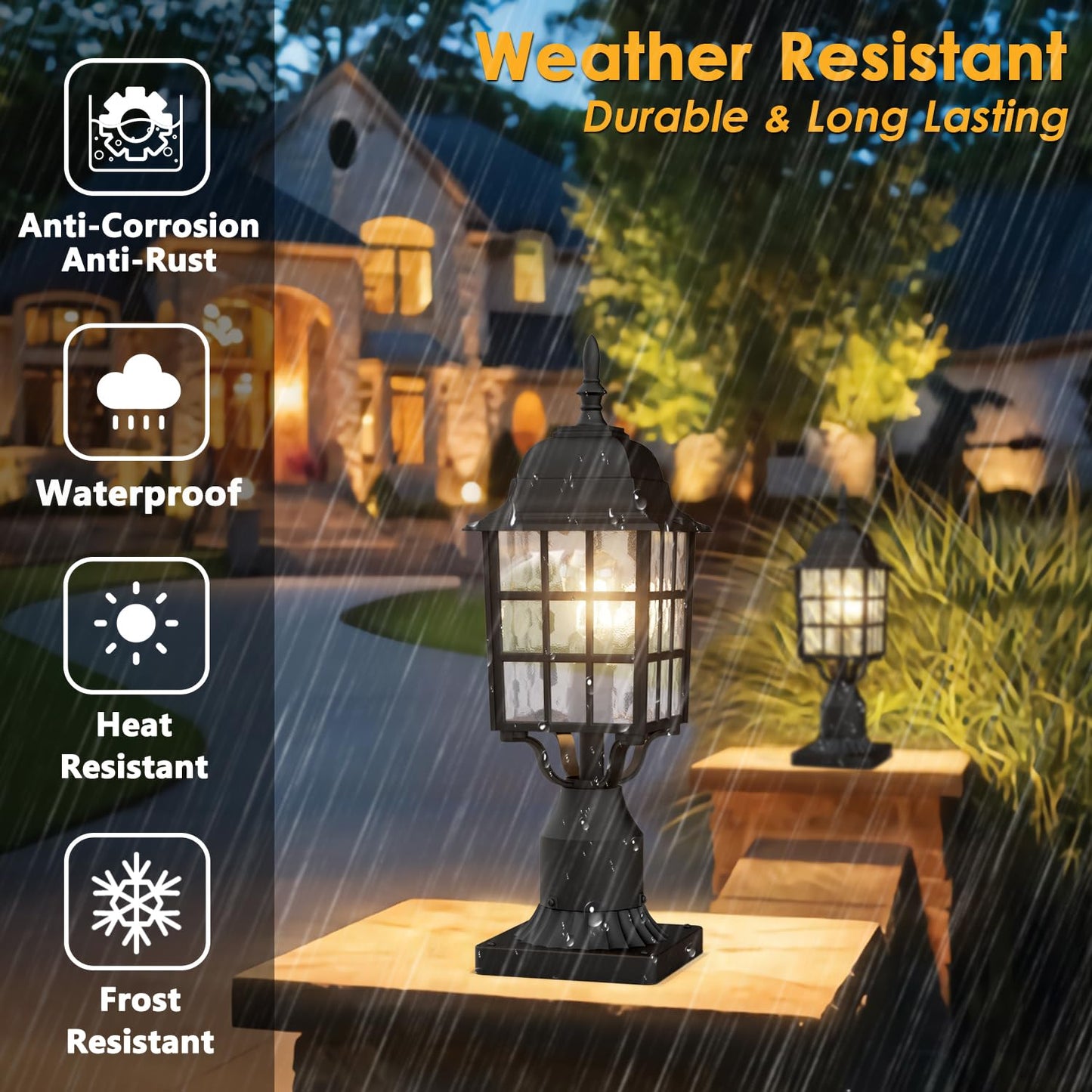 Rynx | Aoceley Dusk To Dawn Outdoor Post Lighting, Black Aluminum Lantern With Water Glass