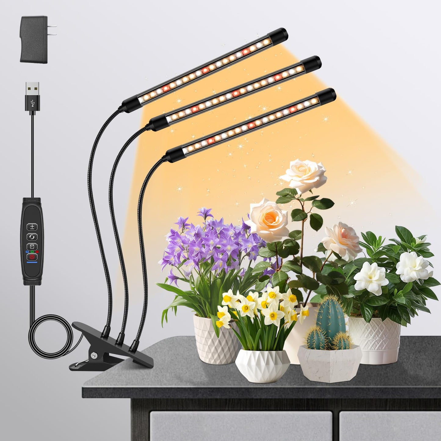 Rynx | Lpmzmbl Growth Light For Indoor Plants, Lpmzmbl Full Spectrum 3 Heads Plant Growth Light With Clip, 10 Dimmable Levels, And 3/9/12H Timer For Plant Growth (5V 3A)