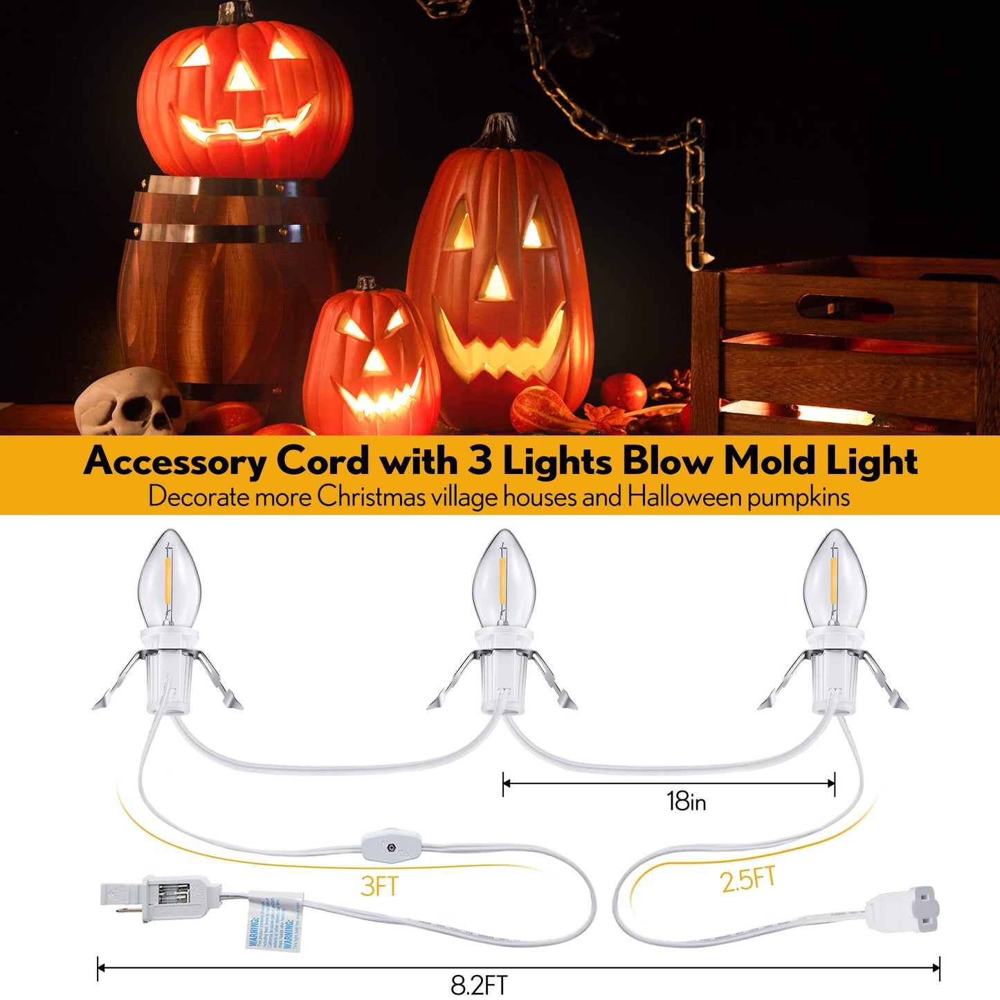 Rynx | Meonum 8.2 foot LED light cable with 3 warm white bulbs for Halloween and Christmas decorations