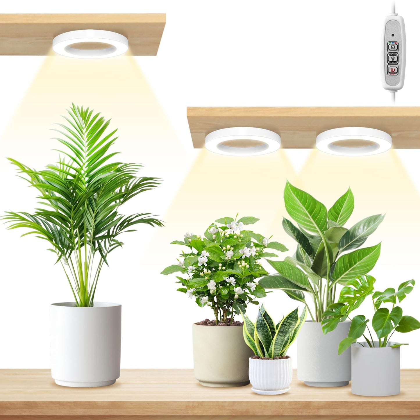 Rynx | Lordem 6.3” Ceiling Grow Light For Indoor Plants, 216 Leds Full Spectrum Halo Grow Lighting, Under Kitchen Counter Grow Light With 4/8/12H Automatic Timer, 3 Switch Modes, 4 Dimmable Brightness Levels, Tri-Head