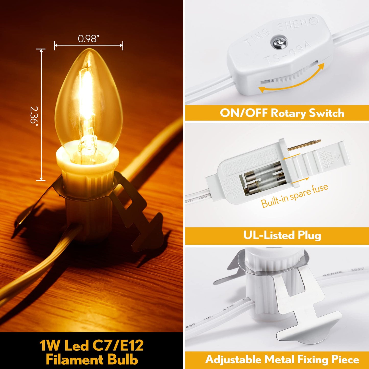 Rynx | Meonum 8.2 foot LED light cable with 3 warm white bulbs for Halloween and Christmas decorations