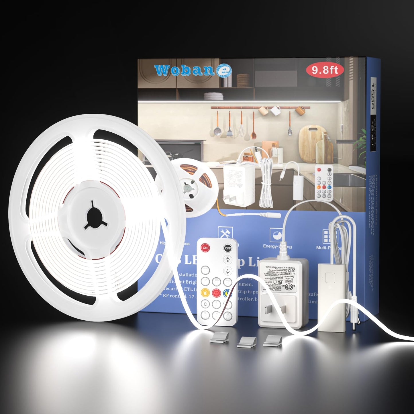 Rynx | Wobane White Cob Led Strip Light with Remote, 9.8Ft White Cob Light Strip, Dimmable Cabinet Light for Kitchen, Ceiling, Room, Closet, Counter, Cri90+, 6000K White, 1500Lm, Etl Adapter