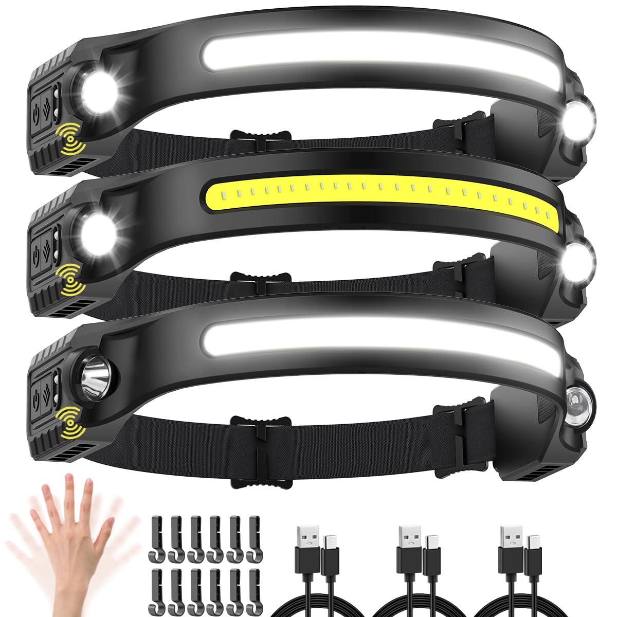Rynx | Rechargeable headlamp with 2 spotlights, 3-pack LED headlamp, 230° wide beam headlamp, motion sensor headlamp, 5-mode headlamps for forehead waterproof, headlamps for adult work light running camping