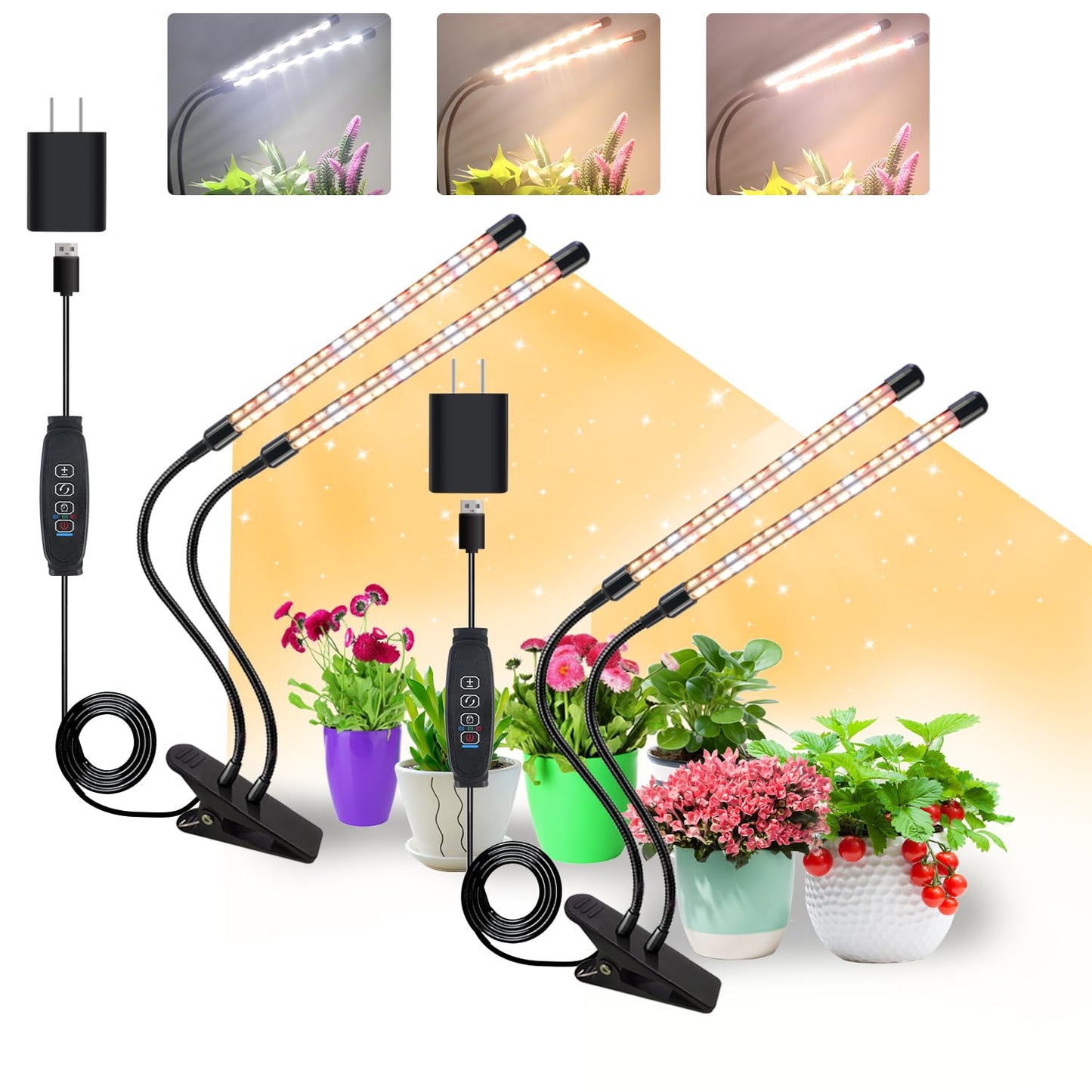 Rynx | Plant Lighting For Indoor Growth, Growstar Full Spectrum 4 Head Clip Grow Lamps With 10 Foot Cables For Sowing Blooming And Fruiting (2 Pack)
