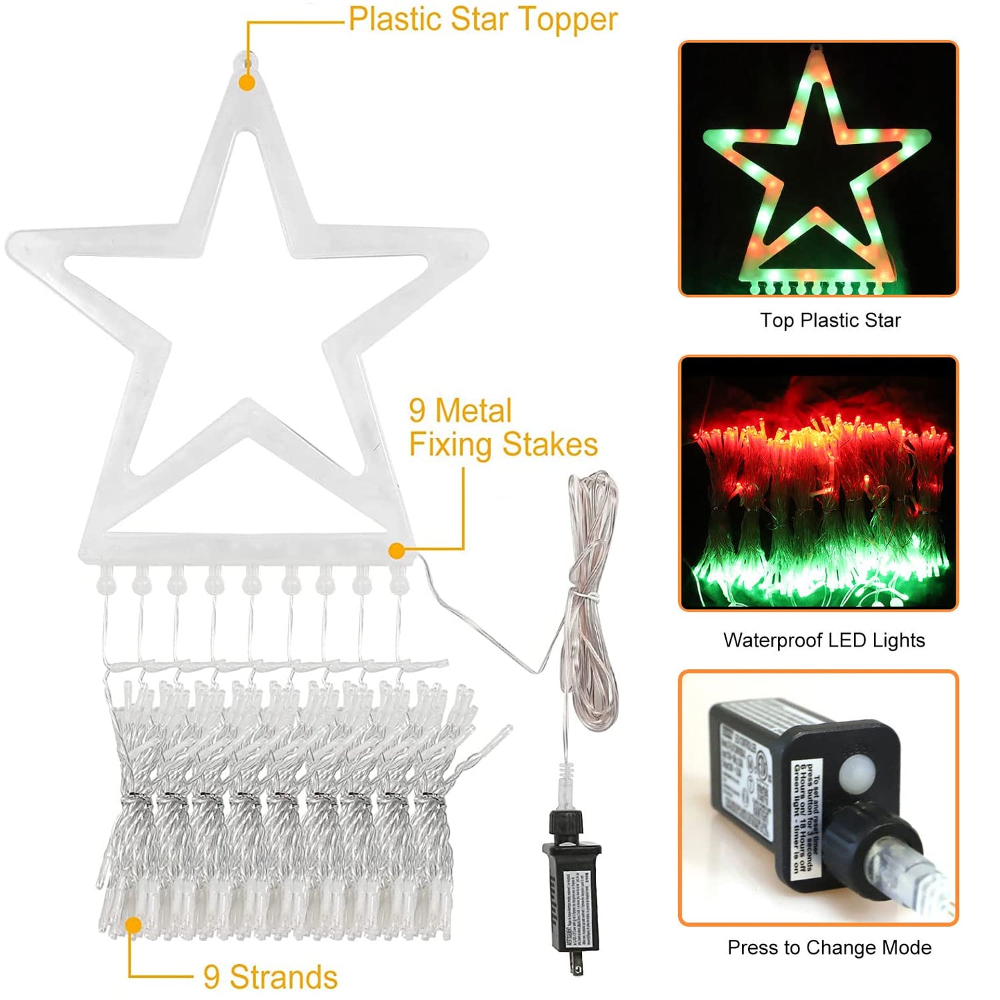 Rynx | Miniao 16.4FT 320 LED Christmas Lights, Waterproof Star Top, Red & Green Decor