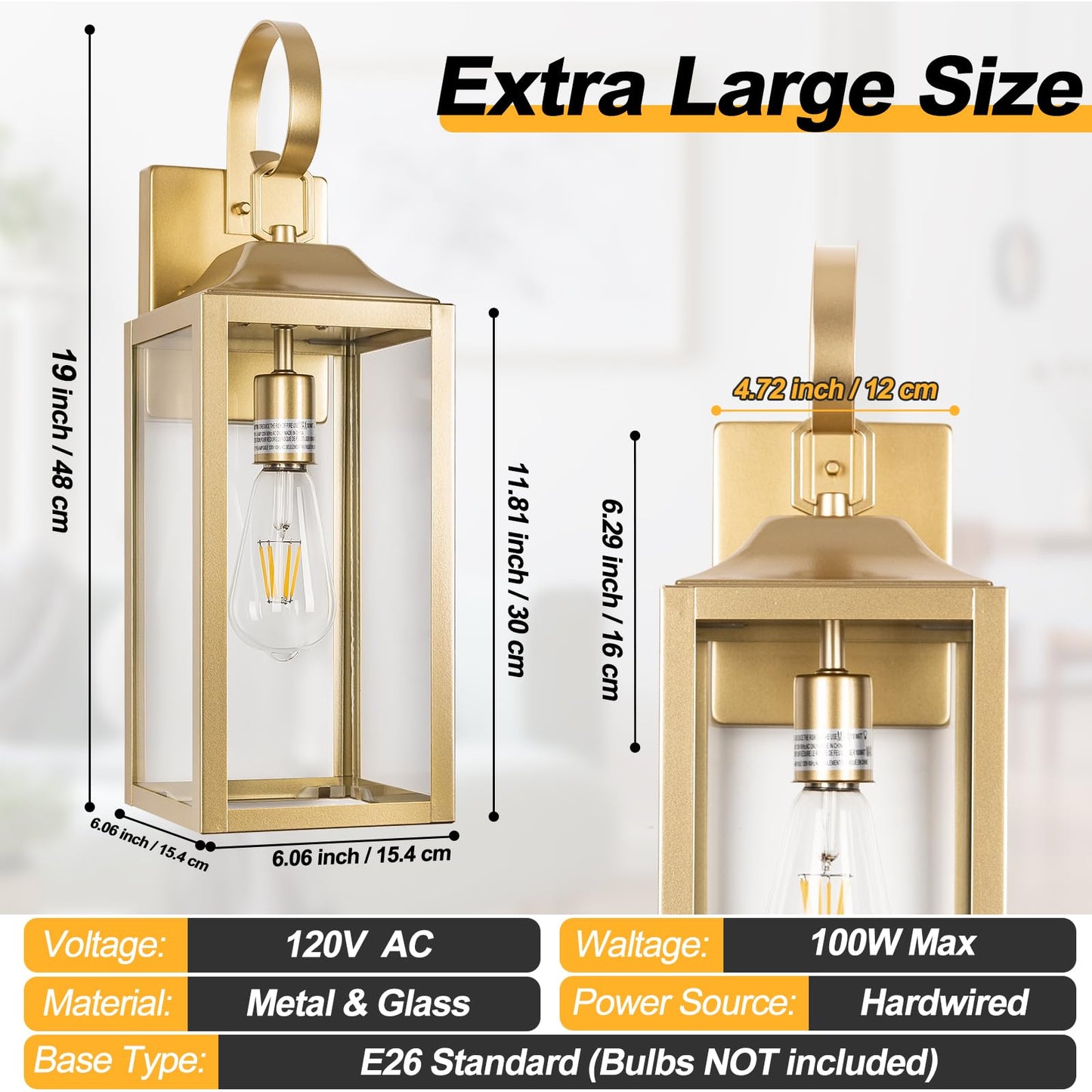 Rynx | Yolsunes 19" Gold Outdoor Wall Lamp, Waterproof Industrial Wall Lamp For Veranda & Garage