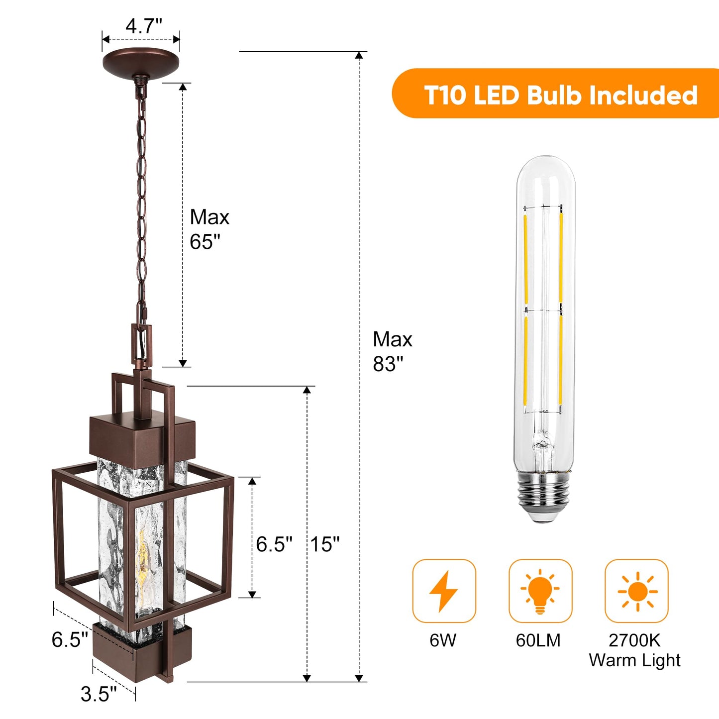 Rynx | Partphoner 15" Outdoor Indoor Hanging Lantern, Modern Metal Chandeliers, Oil Brown Bronze