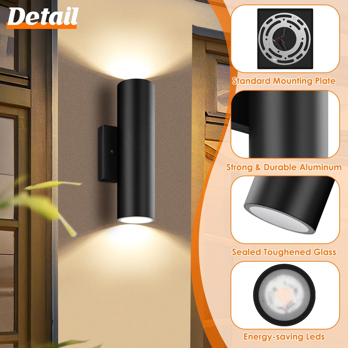Rynx | Gobright Outdoor Wall Lamps 12W 3000K Led Cylinder Wall Lamp, 1200Lm Waterproof, 2-Pack Black