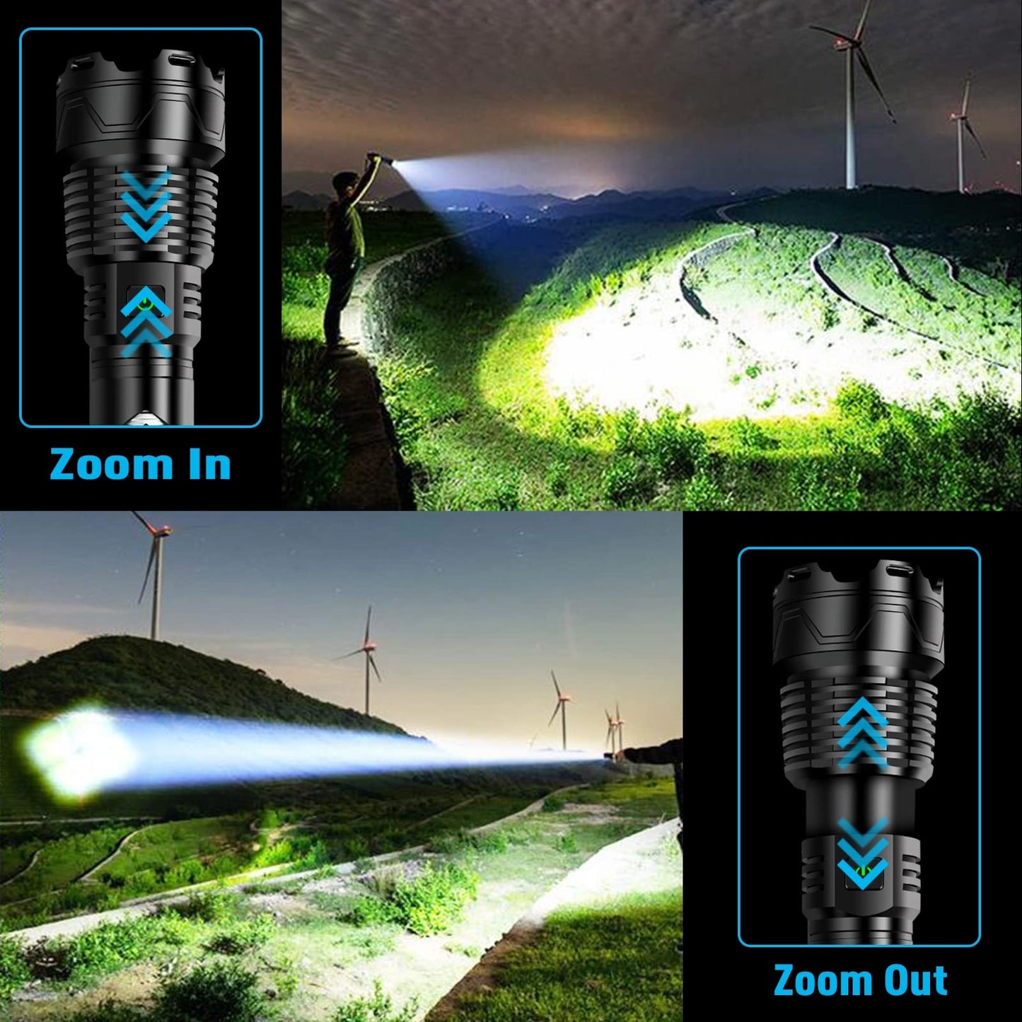 Rynx | Sinvimes 990000Lm Rechargeable Tactical Flashlight, Zoomable, 6 Modes, IPX7 Waterproof, Black