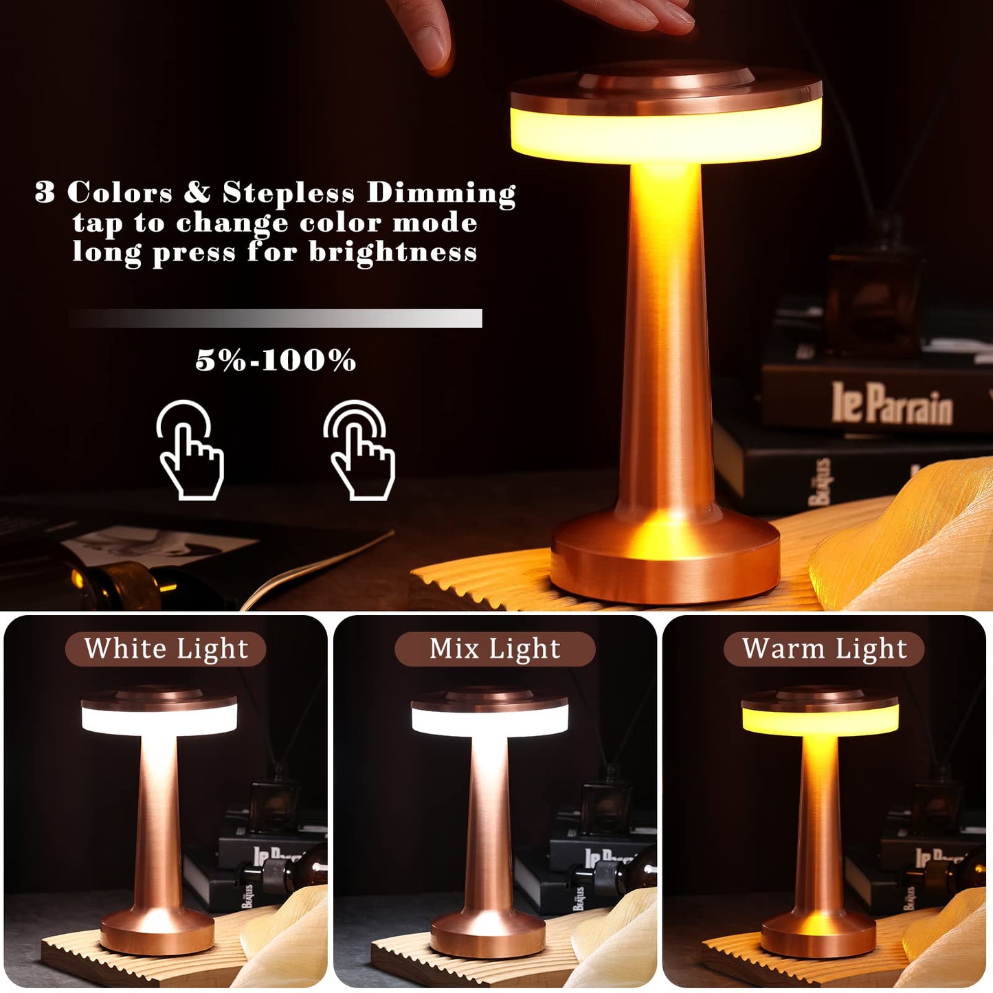 Rynx | Vihose Wireless LED Table Lamp Set of 8 - Touch Sensor, 3 Color Dimming, Rechargeable, Rose Gold