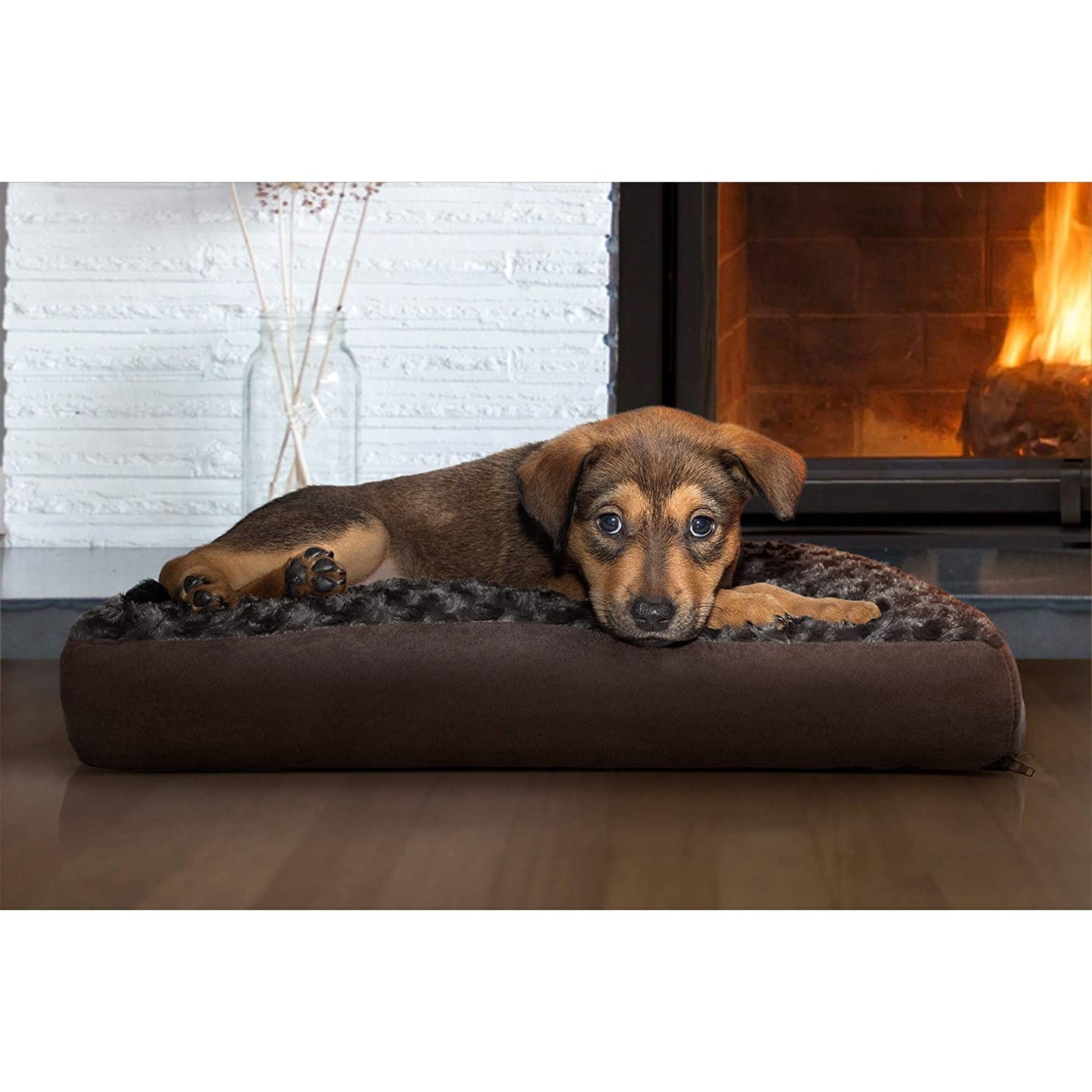 Rynx | Furhaven Pet Dog Bed - Deluxe Ultra Plush Faux Fur Pillow Cushion Traditional Mattress Pet Bed with Removable Cover for Dogs and Cats, Chocolate, Small