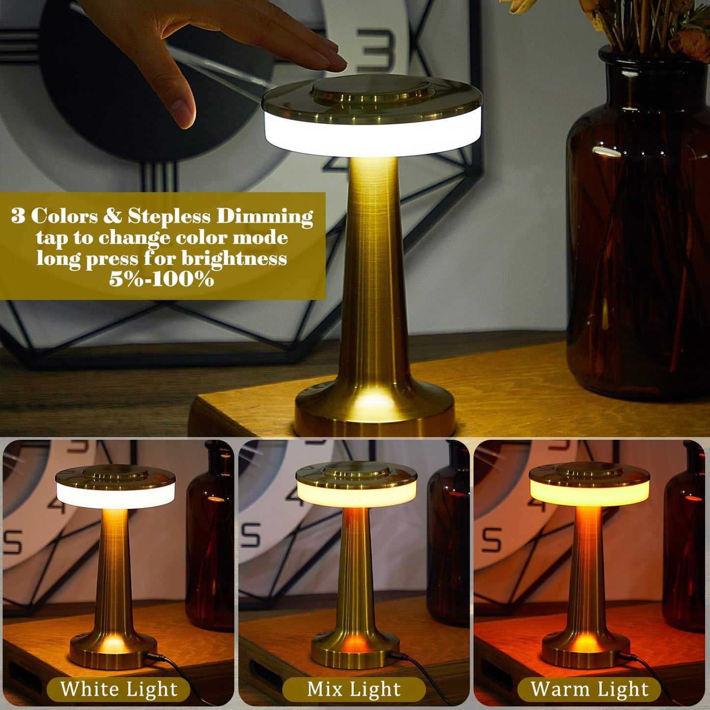 Rynx | Riakrum LED Table Lamp Set of 2, Touch Sensor, 3 Color Dimming, Rechargeable, Gold