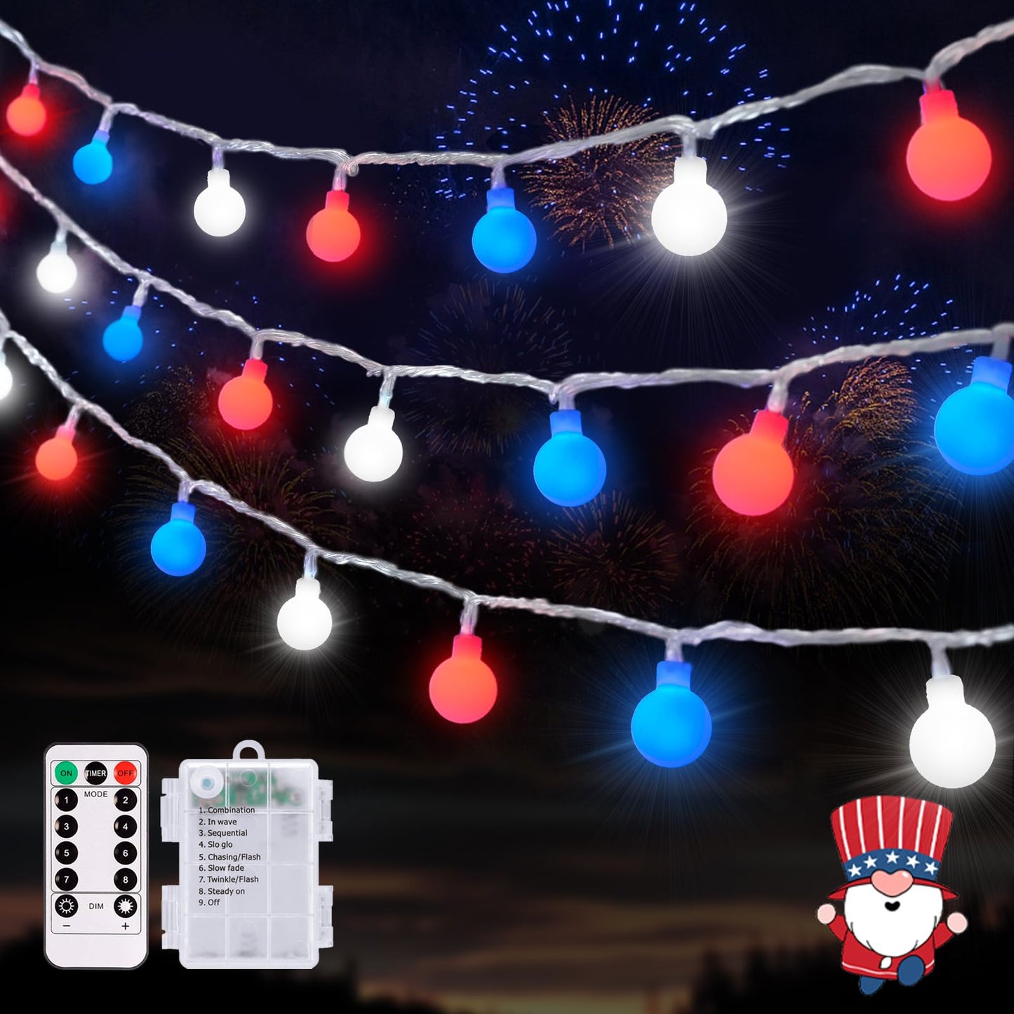 Rynx | 100 Led Globe Light Strands Battery Powered Christmas Lights Indoor, 33Ft Battery Powered Light Strands Outdoor Waterproof, 8 Modes Red White And Blue Lights For Patriotic Christmas Decorations