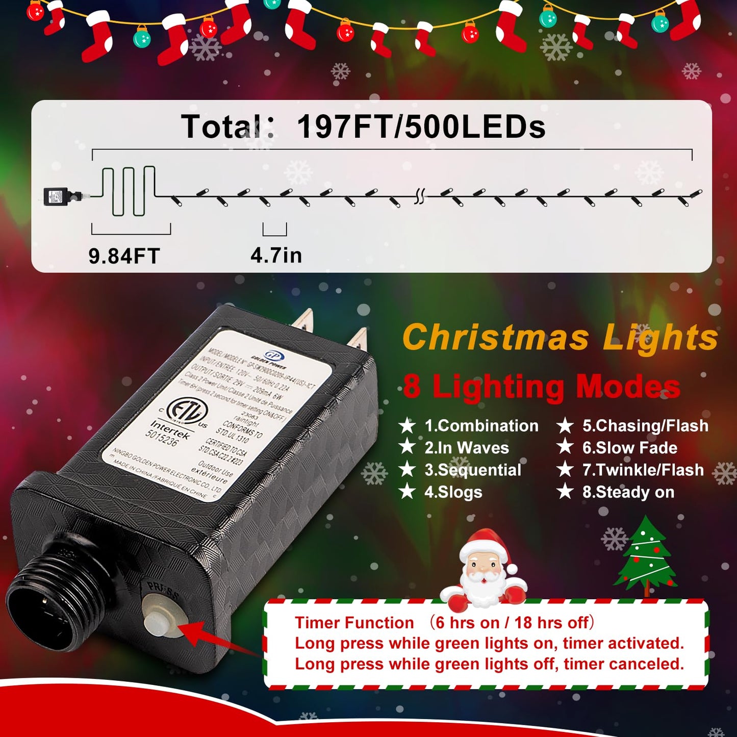 Rynx | Sauirs 197Ft 500 Led Warm White Christmas Light Strings, Water Resistant, 8 Modes, Timer, Indoor/Outdoor