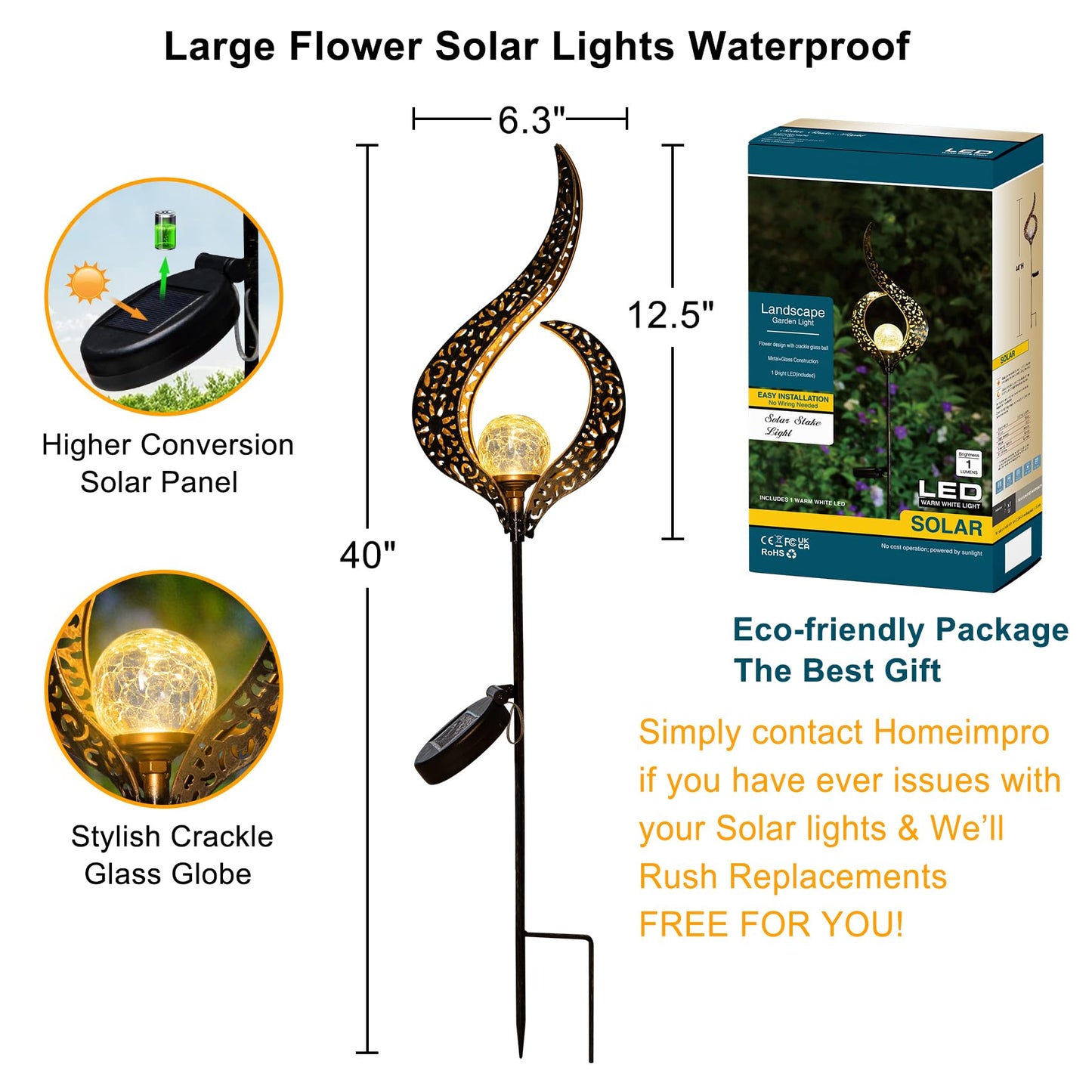 Rynx | Homeimpro Solar Garden Light - Waterproof Metal Flower Stake With Cracked Glass Dome, Large