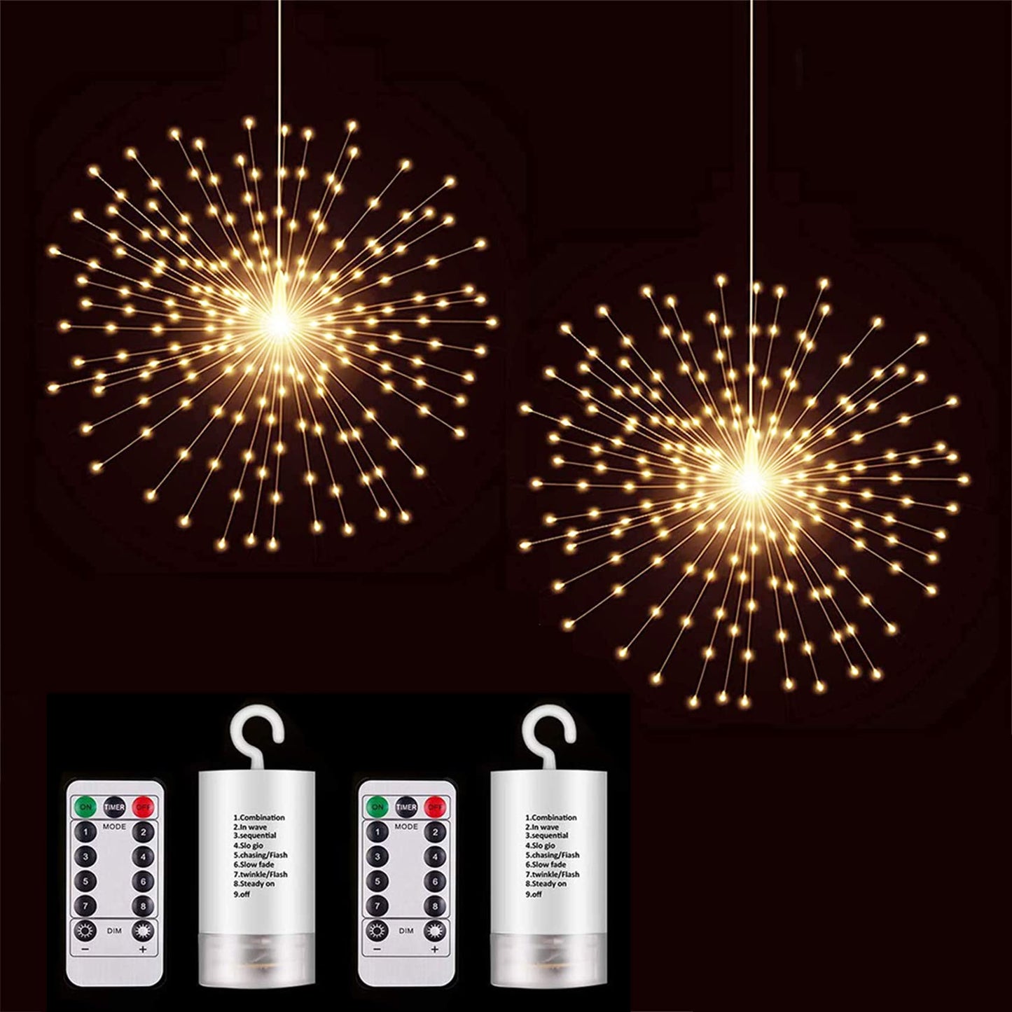 Rynx | Pxbniuya 2 Pack Starburst Sphere Lights, 200 LED Firework Lights, 8 Modes Dimmer Remote Waterproof Hanging Fairy Lights, Copper Wire Lights For Patio Festivities Christmas (Battery Powered)