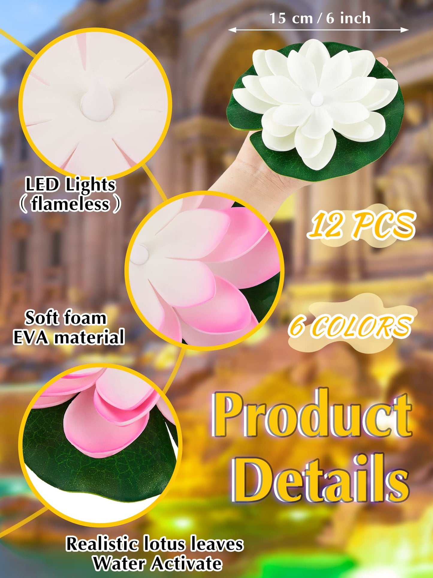 Rynx | Hortsun 12 Pcs Led Lotus Floating Pool Light - Multicolored Lily Pad Lanterns, 5.91 Inches