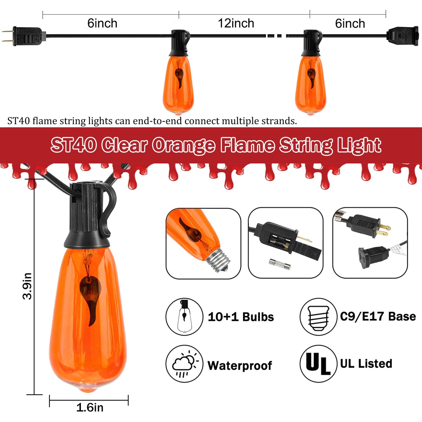Rynx | Cbebew 10Ft Halloween Flickering Flame Light Strings, 10 Orange Edison Bulbs For Outdoor Decoration