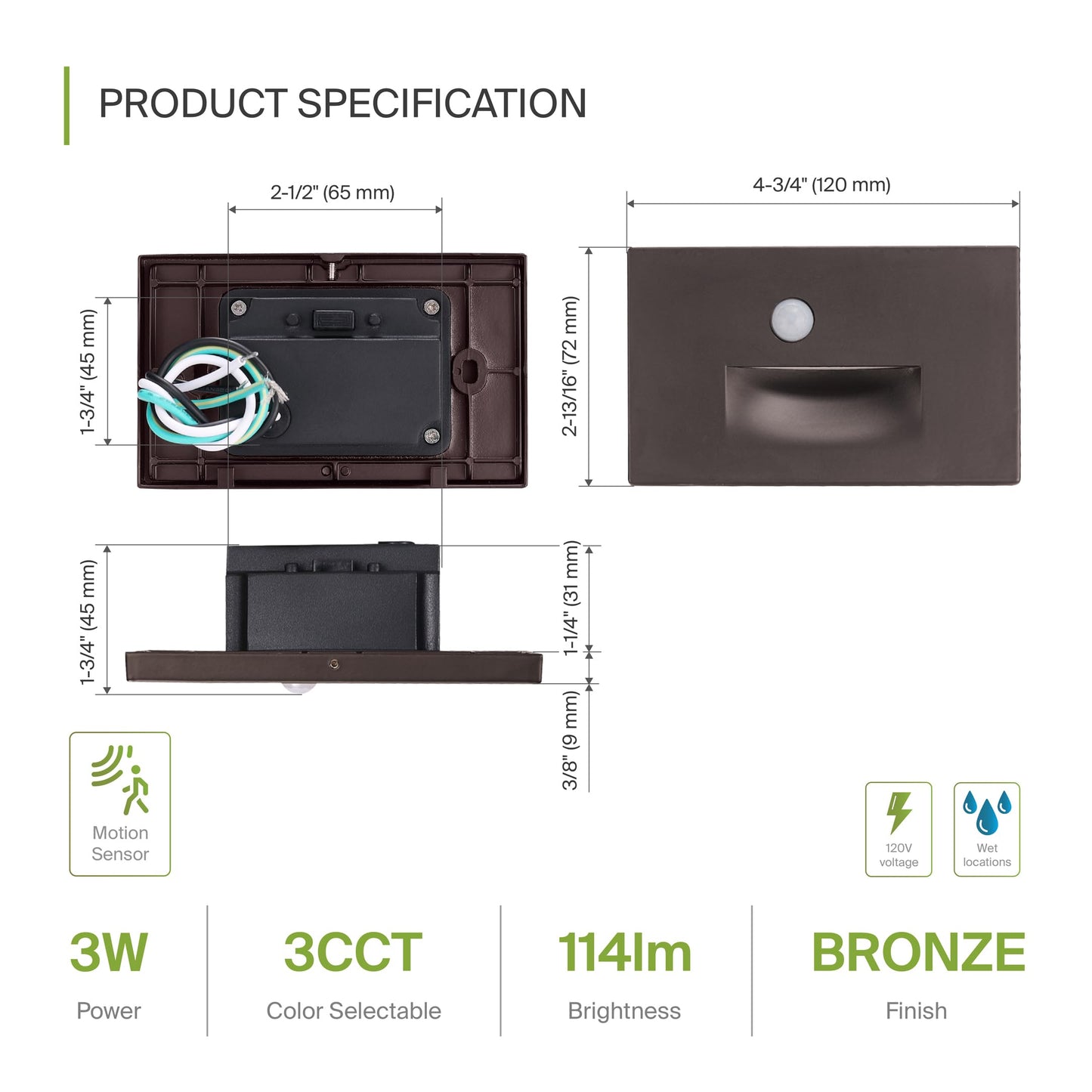 Rynx | Asd LED recessed stair light, 3W 120Lm, motion sensor, waterproof, dark bronze