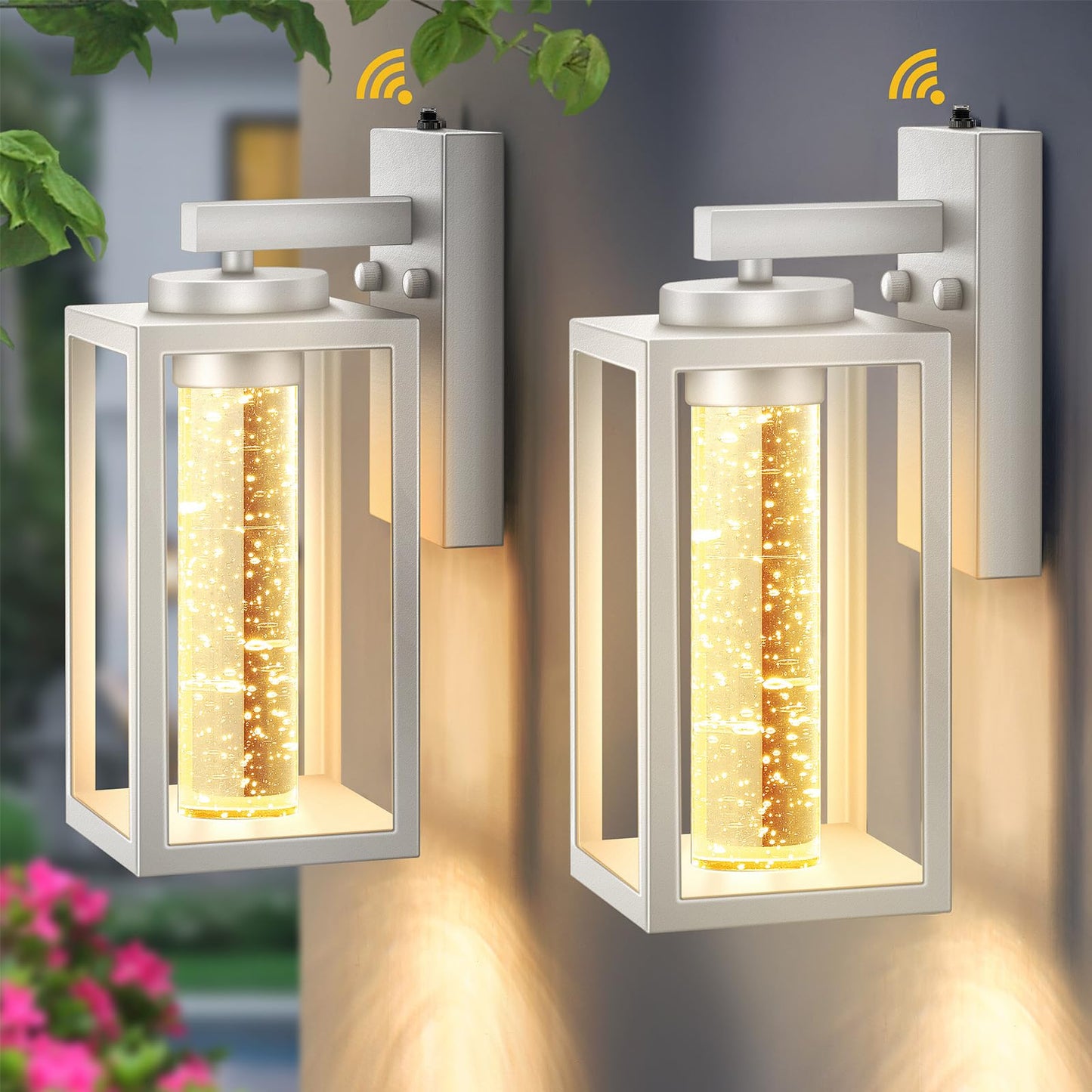 Rynx | Vianis 2 Pack Dusk To Dawn Outdoor Wall Sconce Lighting, White 10W LED Outdoor Lantern Light Fixtures Wall Mounted, Stainless Modern Outdoor Front Door Light For House Porch With Crystal Bubble Glass