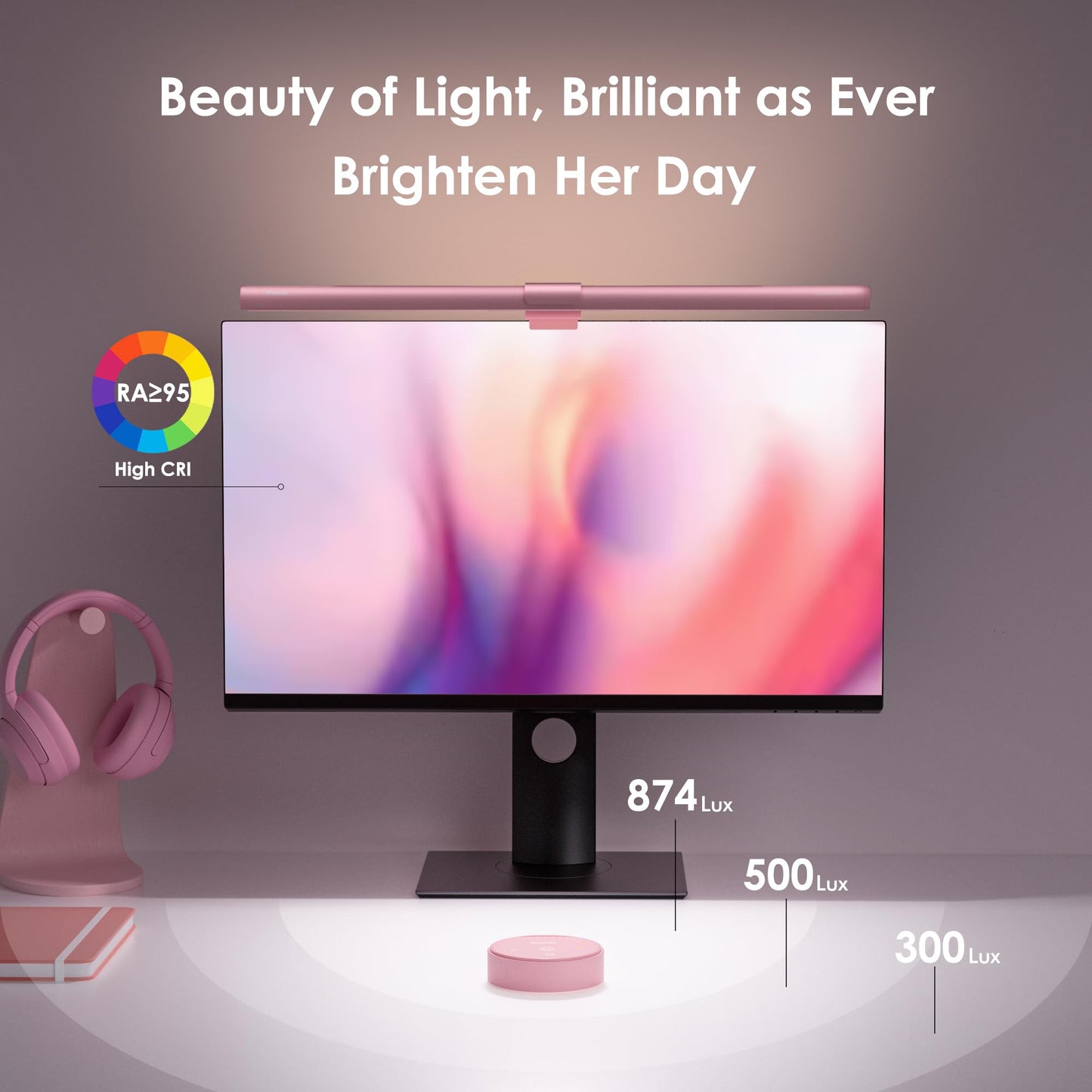 Rynx | Quntis Pink Monitor Light Bar With Remote Control, Eye Care Dimming Desk Lamp For Home Office & Gaming