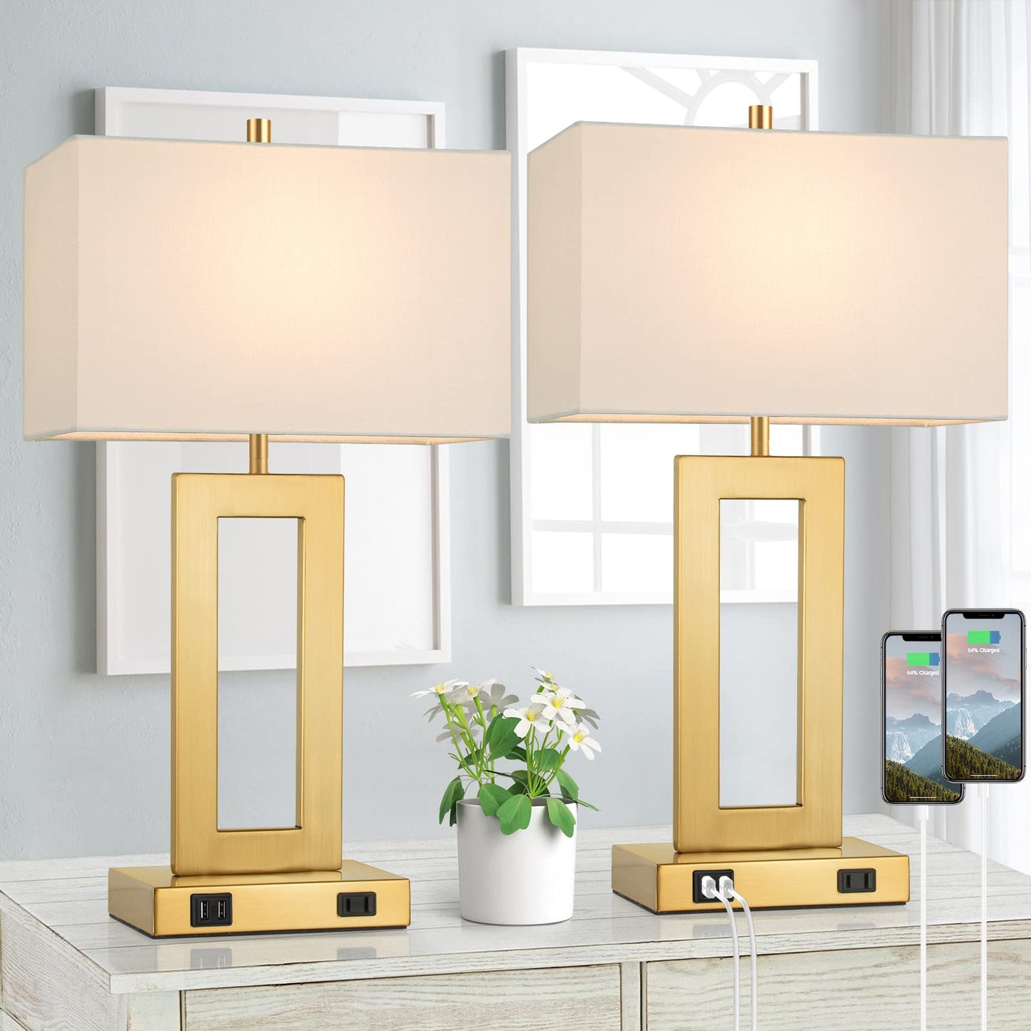 Rynx | 22? Bedside Lamps For Bedroom Set Of 2, Gold Nightstand Usb Desk Lamp With Ac Outlet, Touch Control Modern Vintage Coffee Table