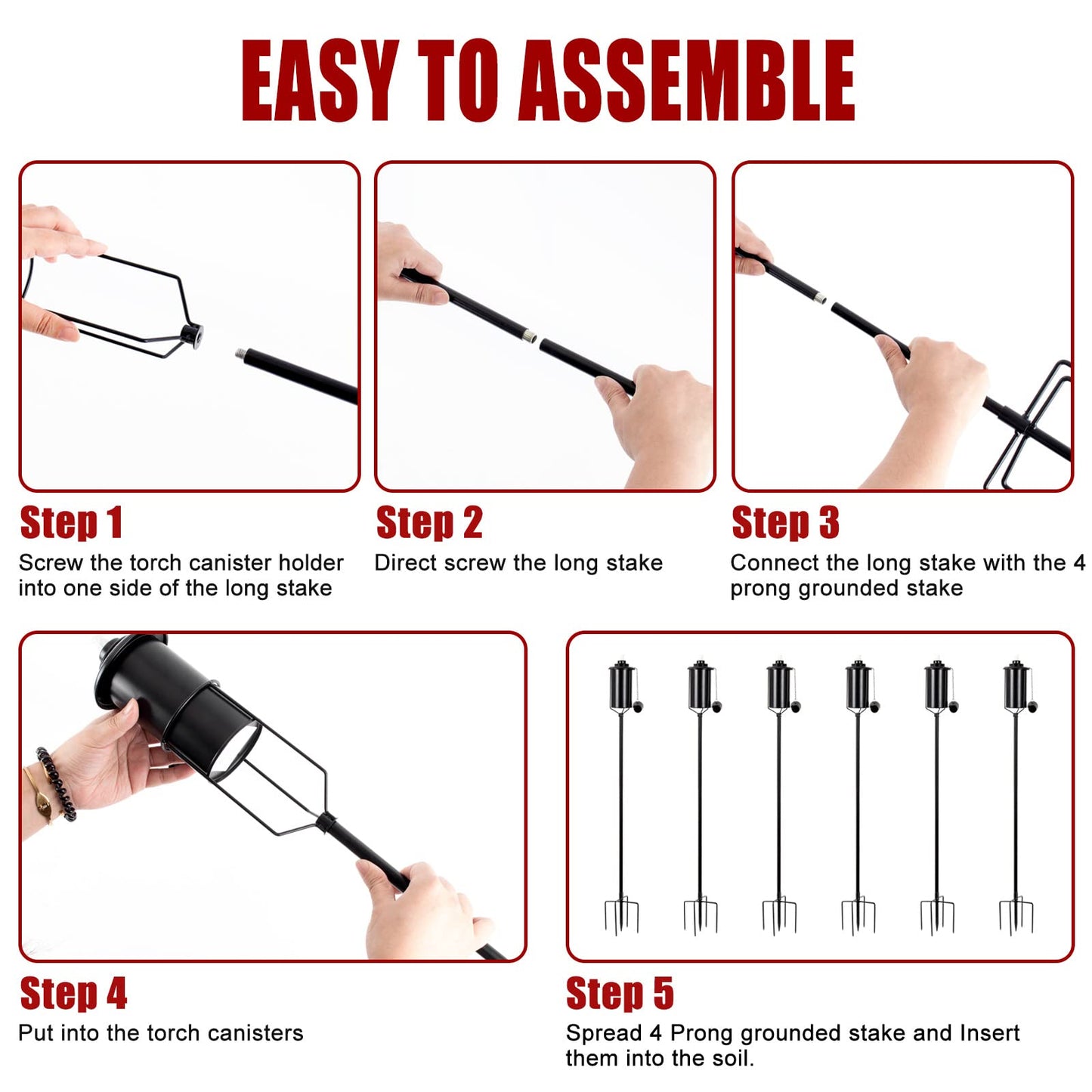 Rynx | Taotazon 6 Pack Metal Garden Torches - Citronella Outdoor Lighting With 4-Prong Stake