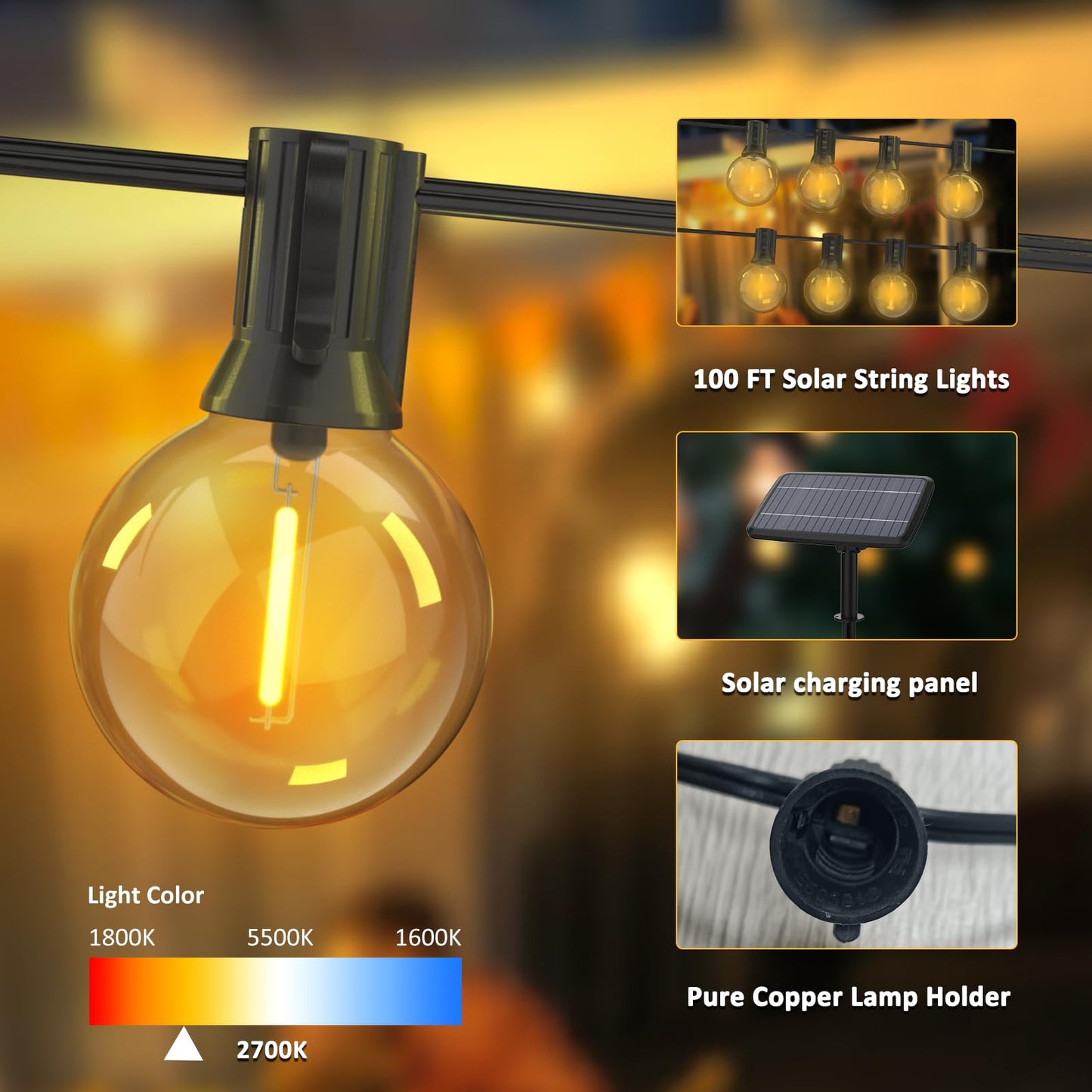 Rynx | Loniuto Solar String Lights 100Ft, Waterproof LED Patio Lights with 50 Bulbs, Black
