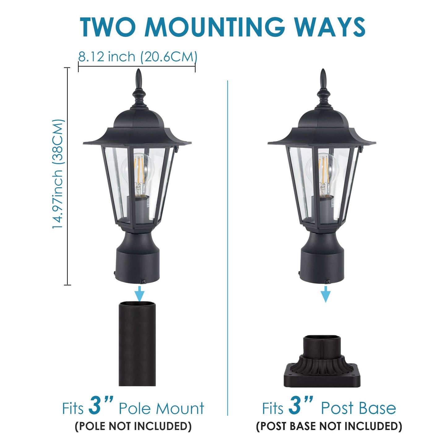 Rynx | Gruenlich Outdoor Post Lantern Fixture, Black Aluminum, E26 Base, Max 60W, 1 Pack