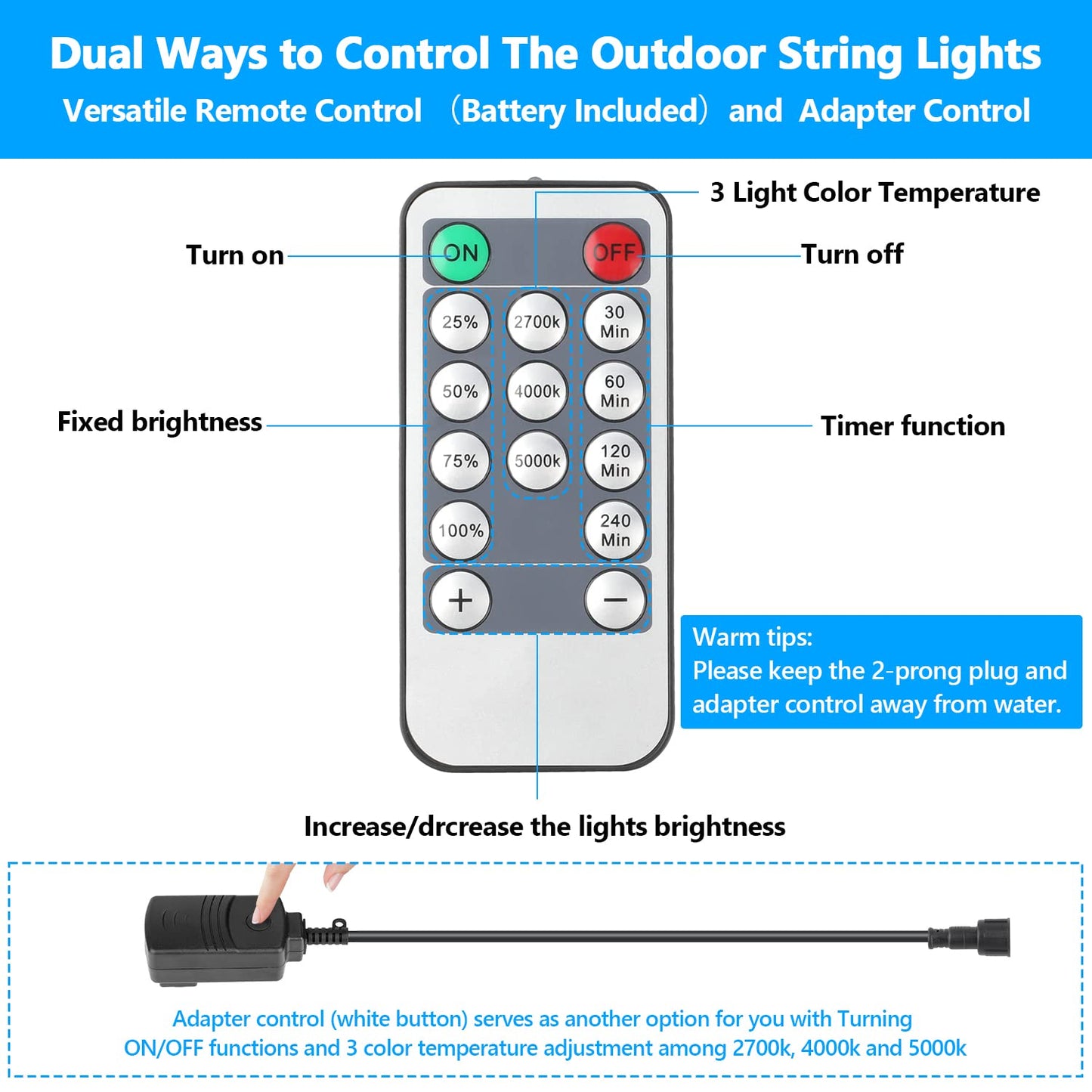 Rynx | Lakumu 48Ft Dimmable Led Outdoor Light Strips, 3 Color Temperatures, Waterproof, Remote Control