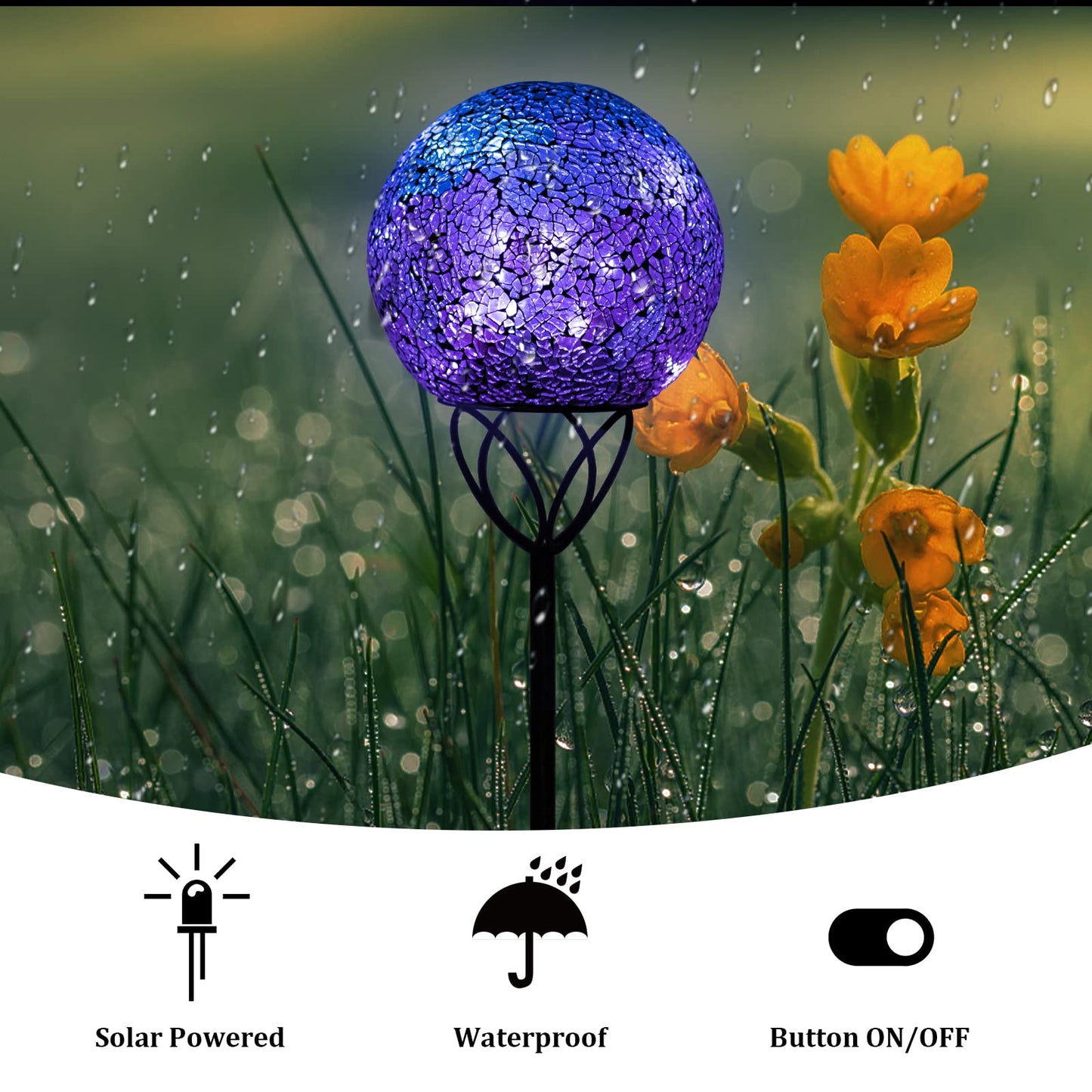 Rynx | Vcuteka Mosaic Solar Garden Lighting - Waterproof Glass Ball LED Stake Light, Purple, 6 Inches