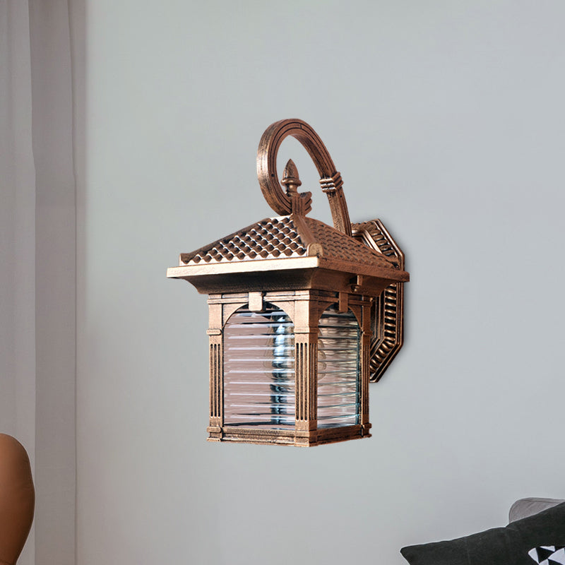 Rynx | Arch Courtyard Wall Lamp Fixture Farm Bright Ribbed Glass 1 Light Brass Finish Wall Mount Lamp