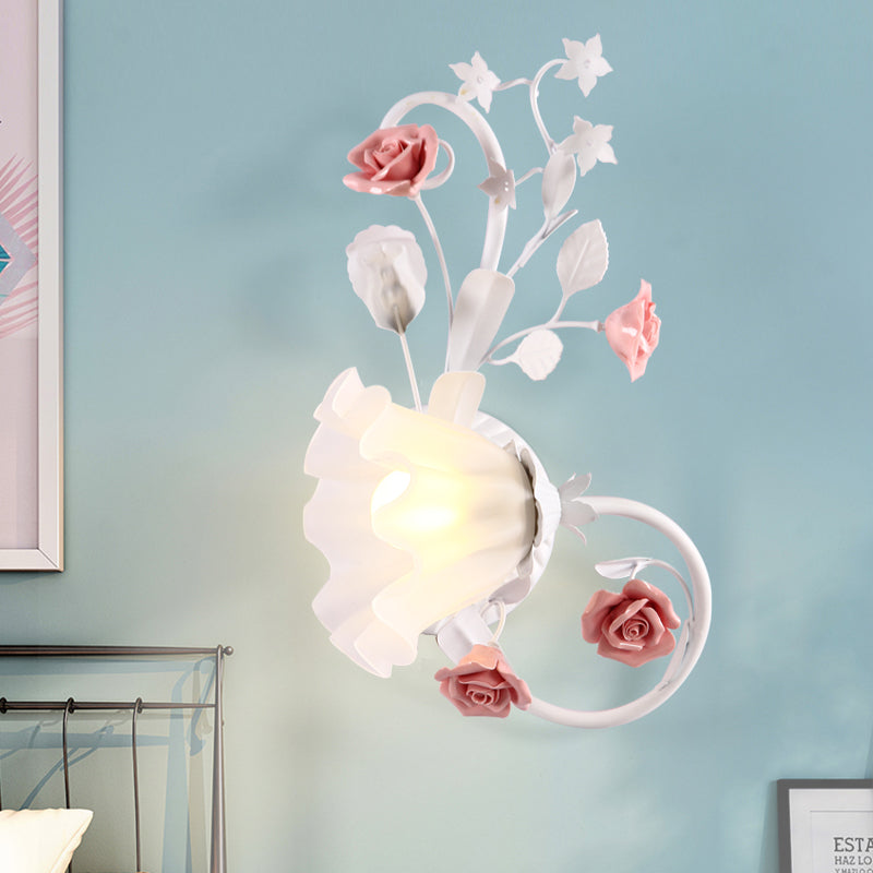 Rynx | Countryside Scalloped Wall Light 1 Lamp White Glass Wall Mounted Lamp with Pink Rose for Bedroom, Left/Right