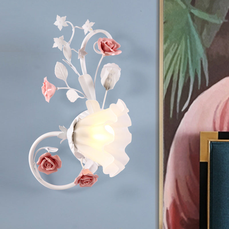 Rynx | Countryside Scalloped Wall Light 1 Lamp White Glass Wall Mounted Lamp with Pink Rose for Bedroom, Left/Right