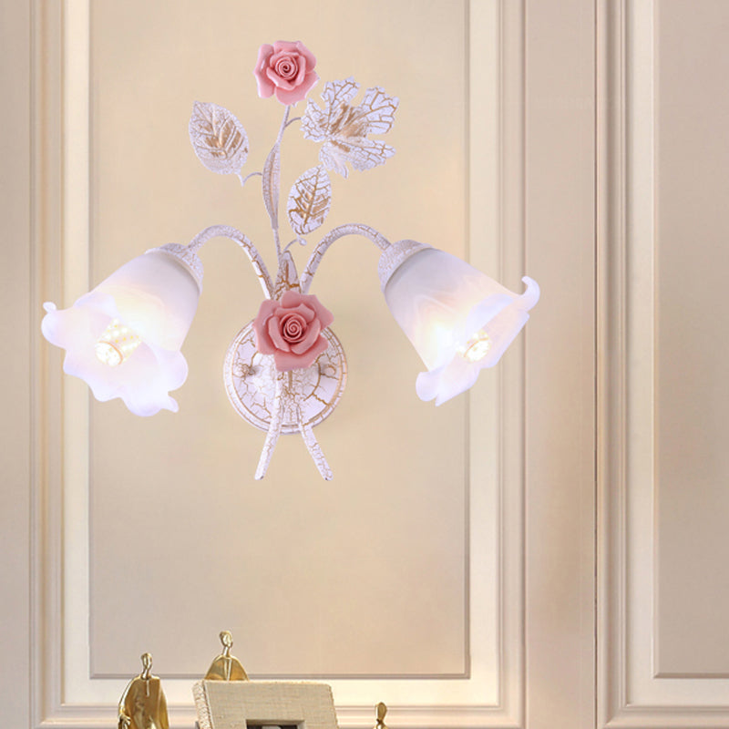 Rynx | 1/2-Light Wall Sconce Pastoral Floral White Glass Wall Mount Lamp with Metal Curved Arm for Living Room