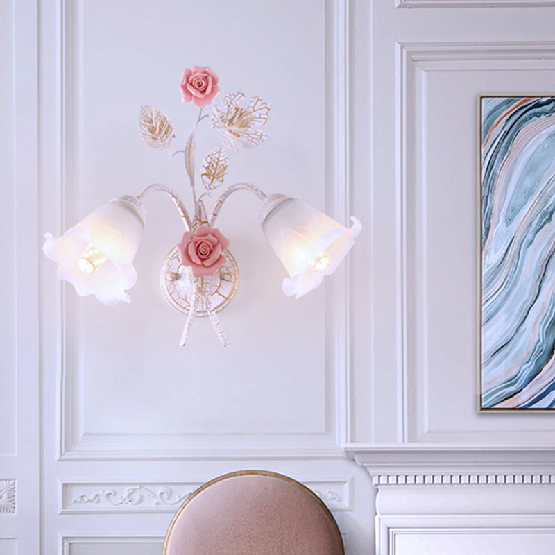 Rynx | 1/2-Light Wall Sconce Pastoral Floral White Glass Wall Mount Lamp with Metal Curved Arm for Living Room